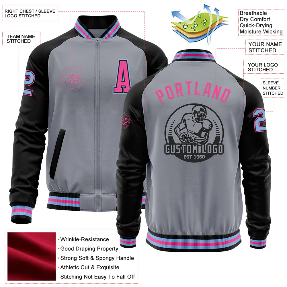 Custom Gray Light Blue Black-Pink Bomber Varsity Letterman Two Tone Zipper Jacket - Image 4
