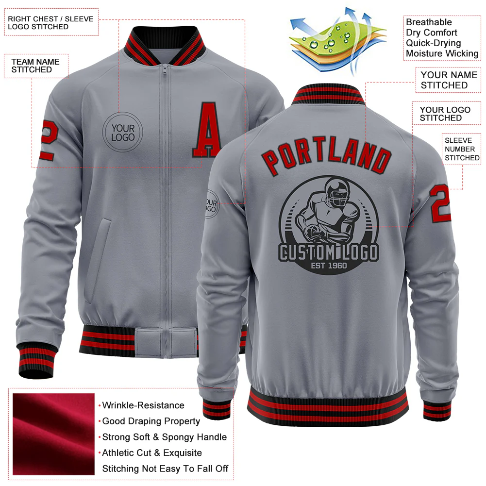 Custom Gray Red-Black Bomber Varsity Letterman Zipper Jacket - Image 4