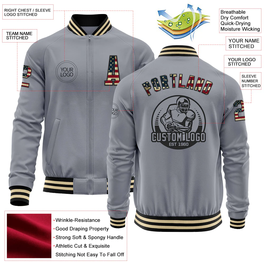Custom Gray Vintage USA Flag Black-Cream Bomber Varsity Letterman Zipper Jacket - Image 4