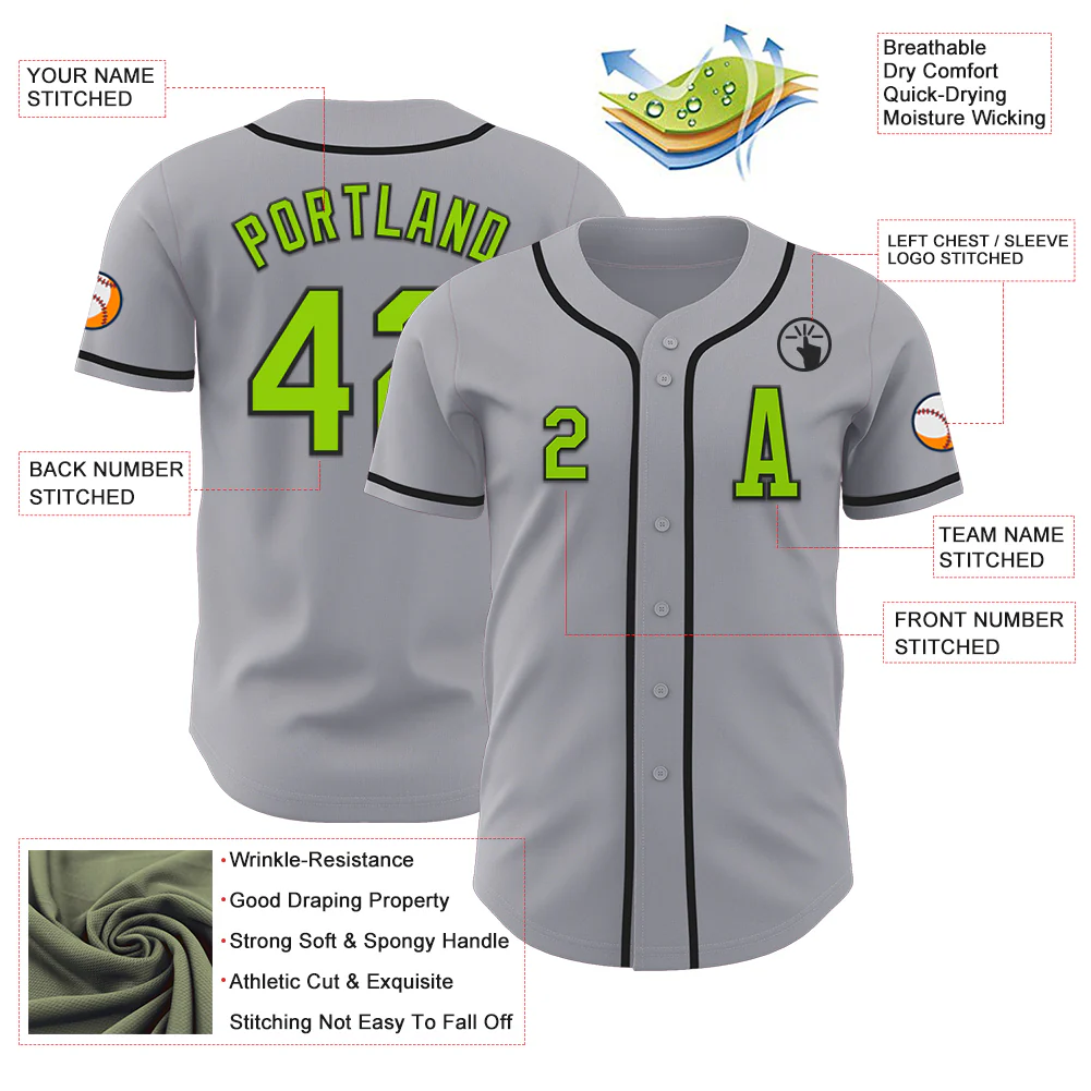 Custom Gray Neon Green-Black Authentic Baseball Jersey - Image 2