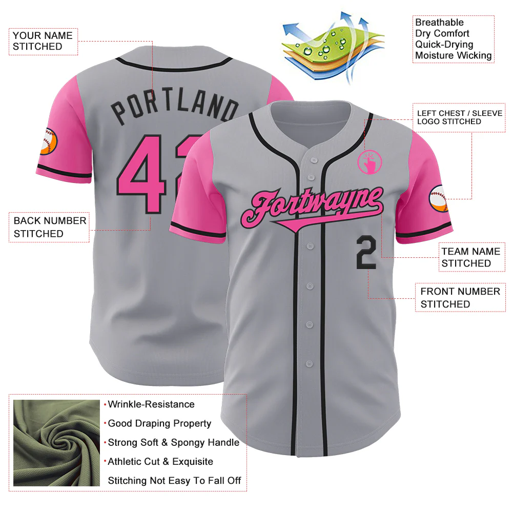 Custom Gray Pink-Black Authentic Two Tone Baseball Jersey - Image 3