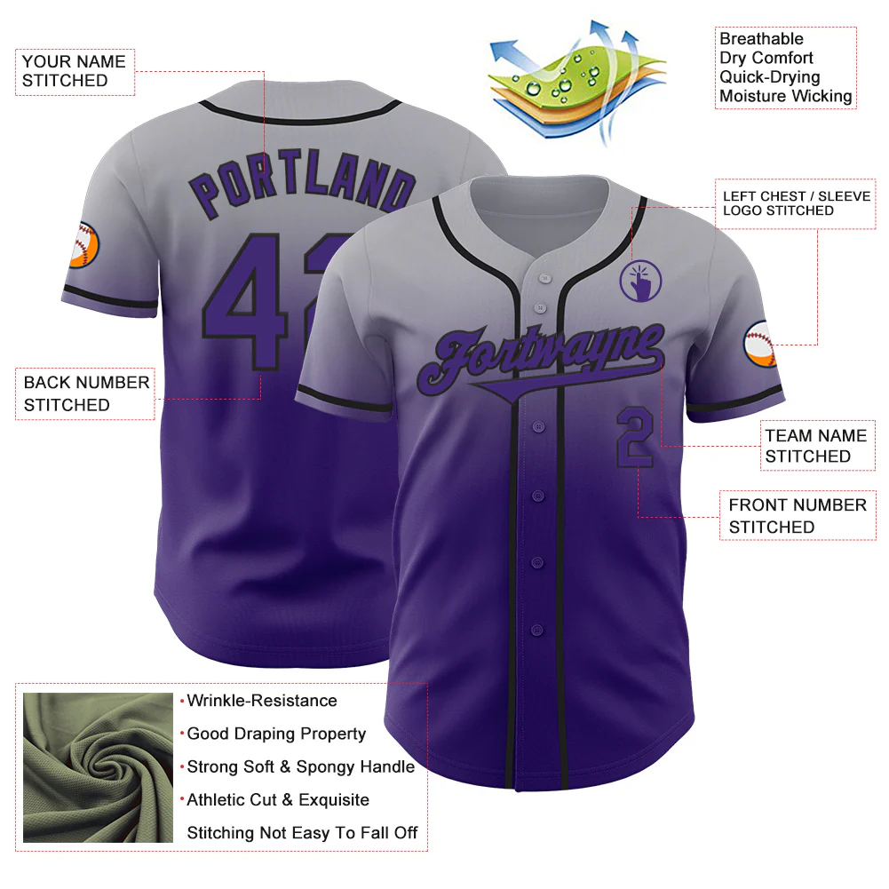 Custom Gray Purple-Black Authentic Fade Fashion Baseball Jersey - Image 3