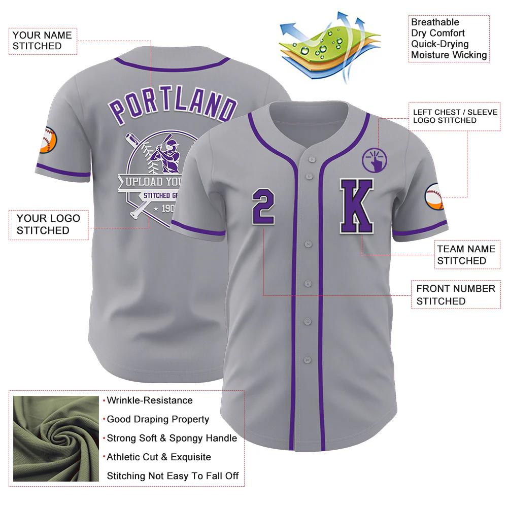 Custom Gray Purple-Black Authentic Baseball Jersey - Image 6