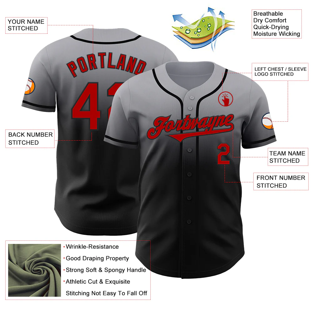 Custom Gray Red-Black Authentic Fade Fashion Baseball Jersey - Image 3