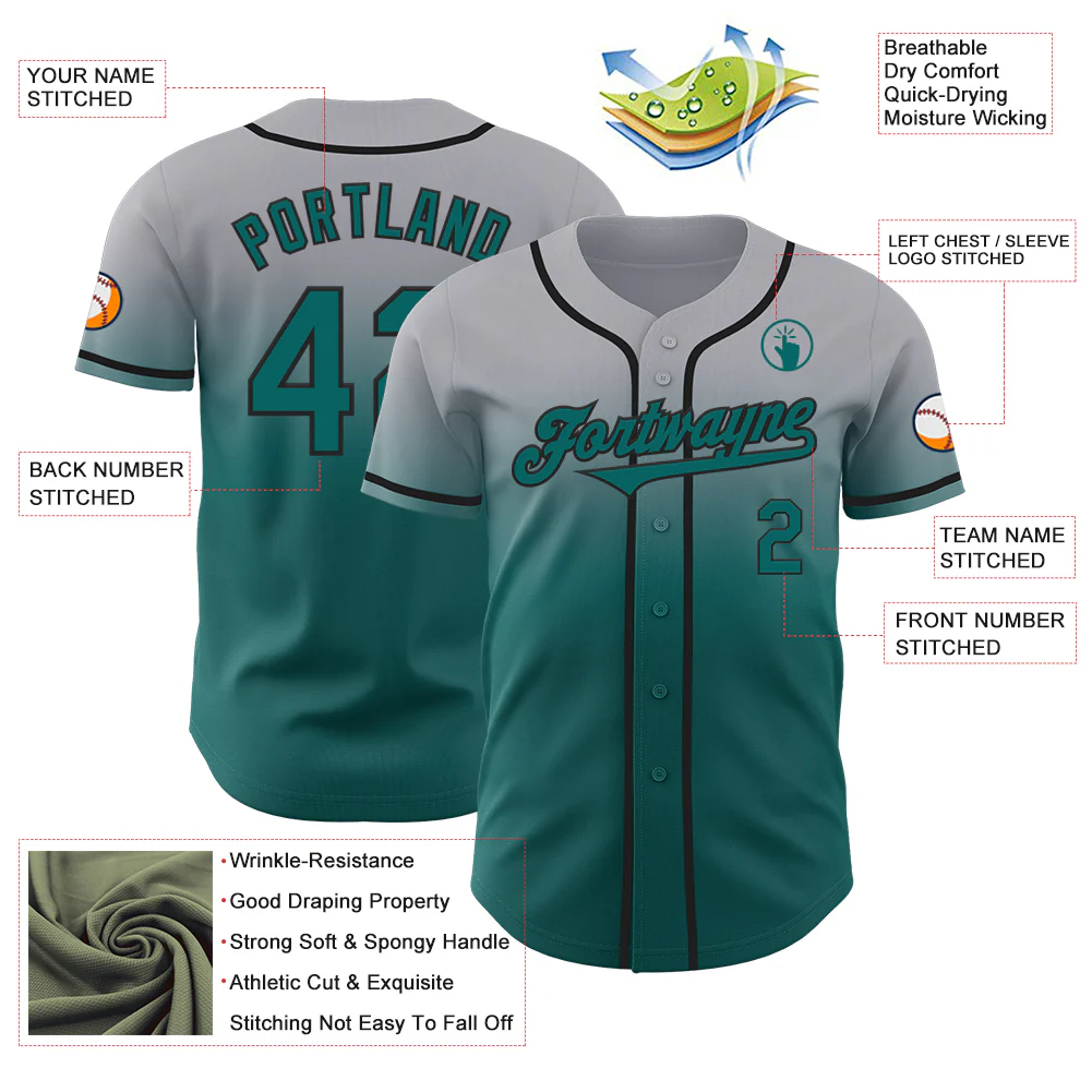 Custom Gray Teal-Black Authentic Fade Fashion Baseball Jersey - Image 3
