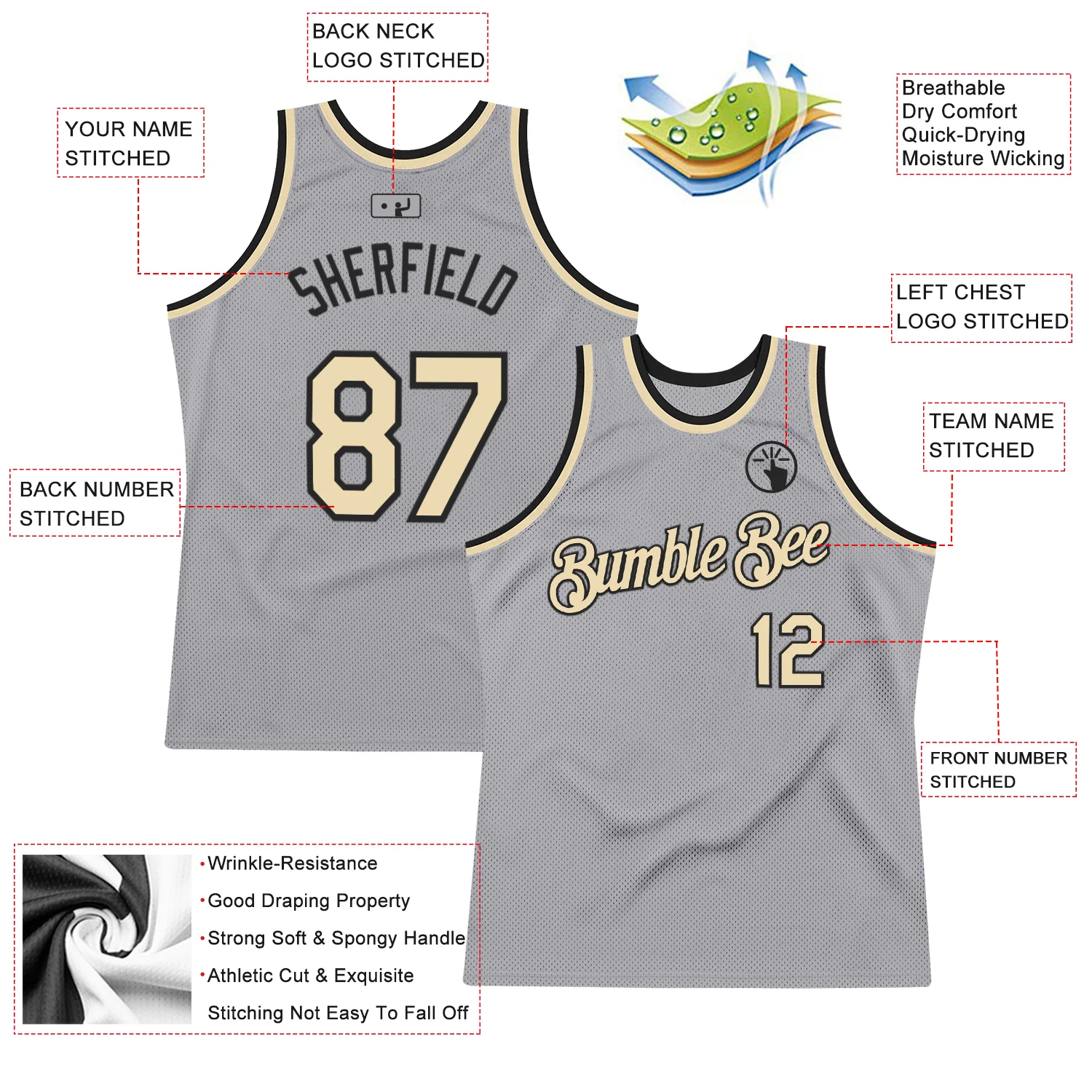 Custom Gray Cream-Black Authentic Throwback Basketball Jersey - Image 2