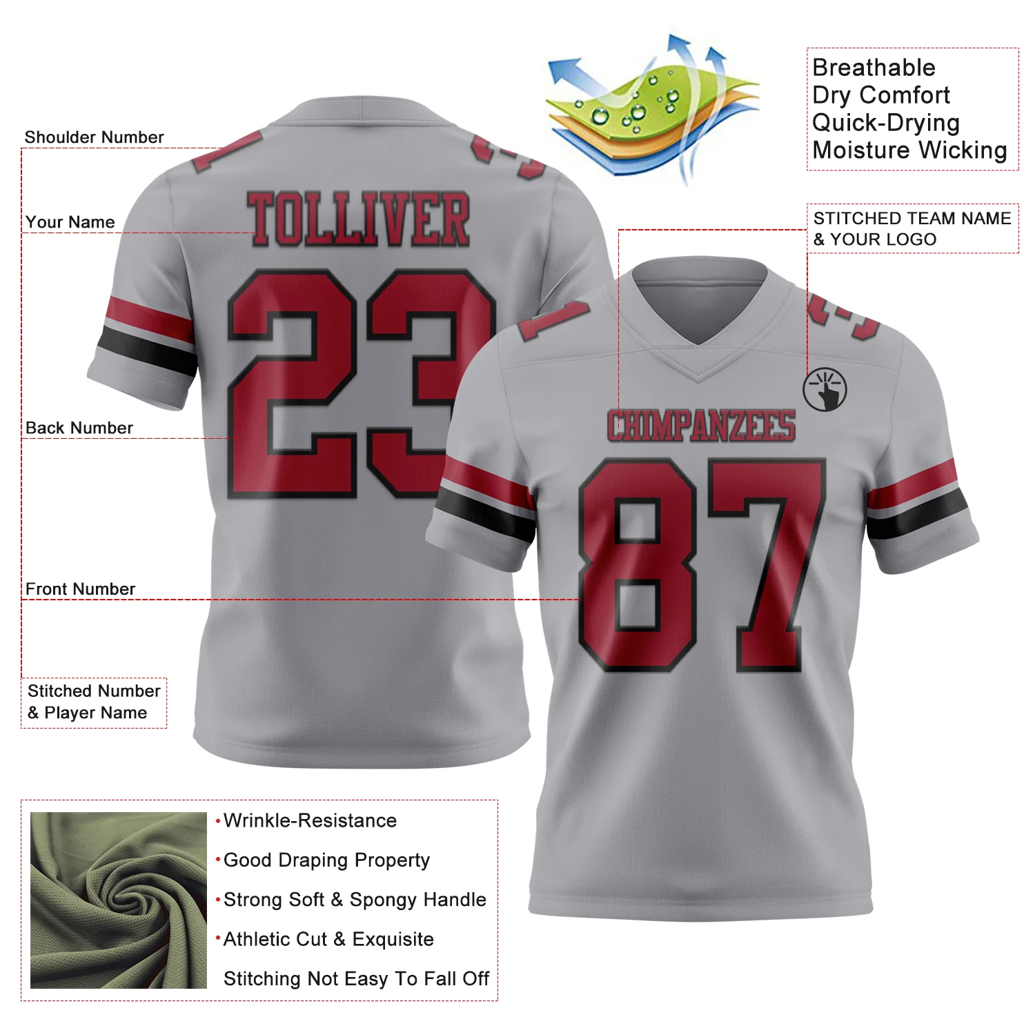 Custom Gray Cardinal-Black Authentic Football Jersey - Image 3