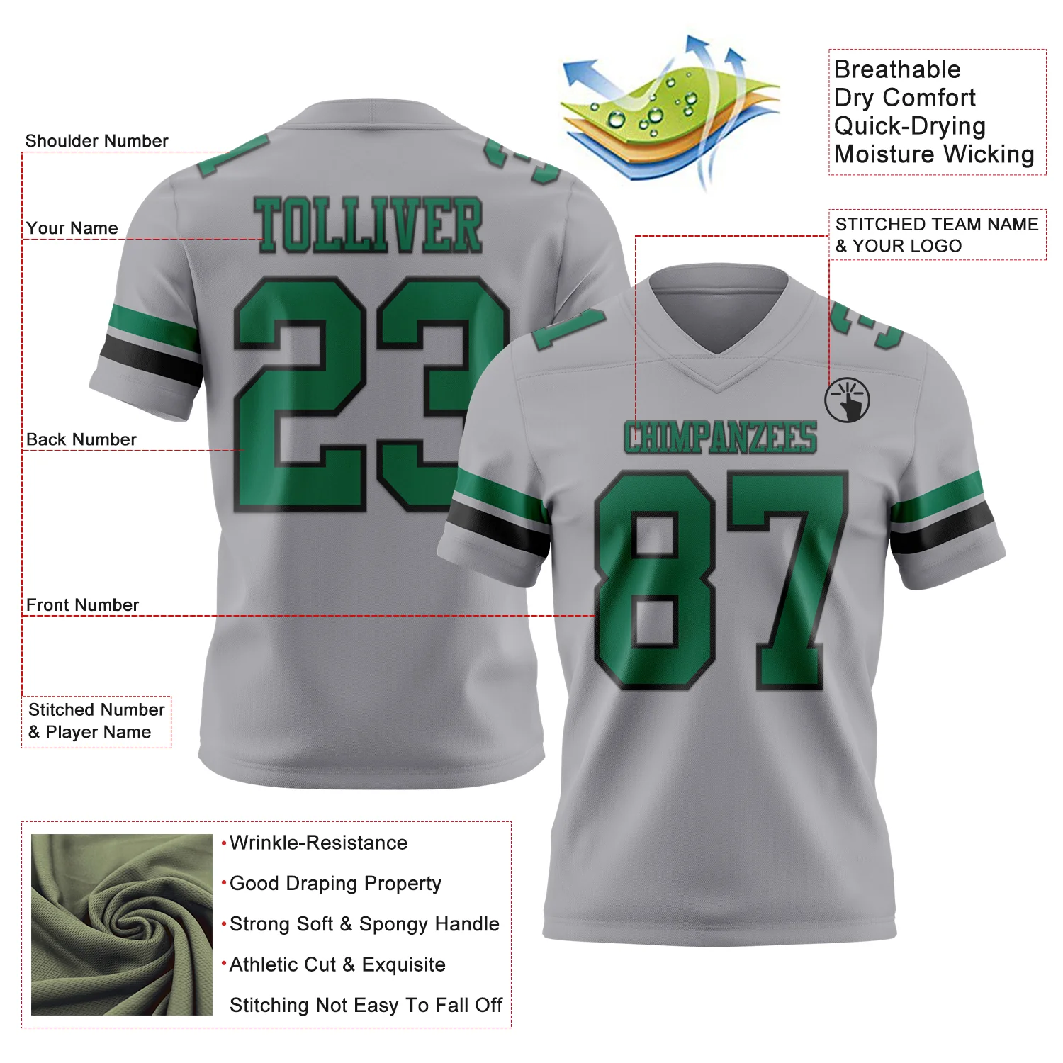 Custom Gray Kelly Green-Black Authentic Football Jersey - Image 3