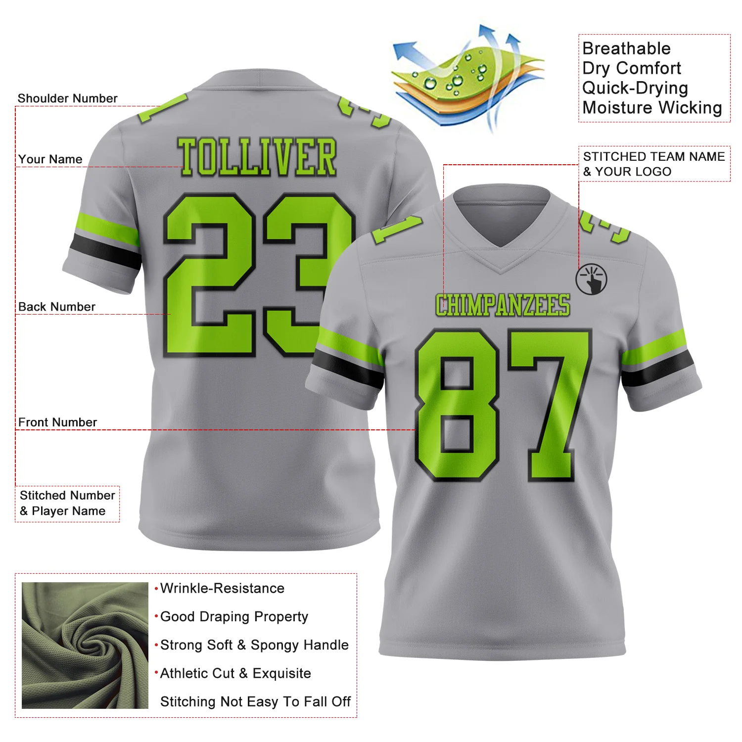 Custom Gray Neon Green-Black Authentic Football Jersey - Image 3