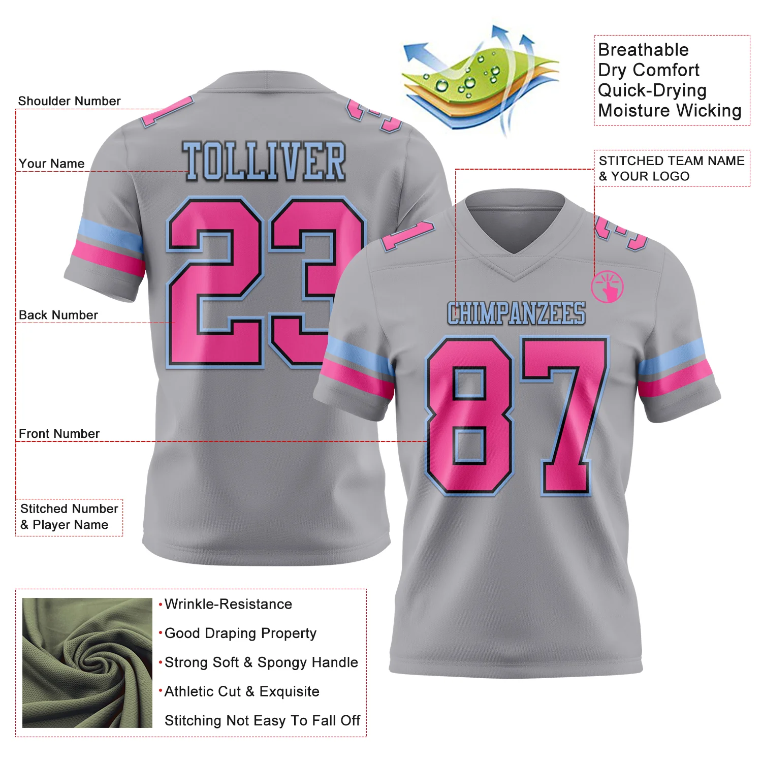 Custom Gray Pink Black-Light Blue Authentic Football Jersey - Image 3