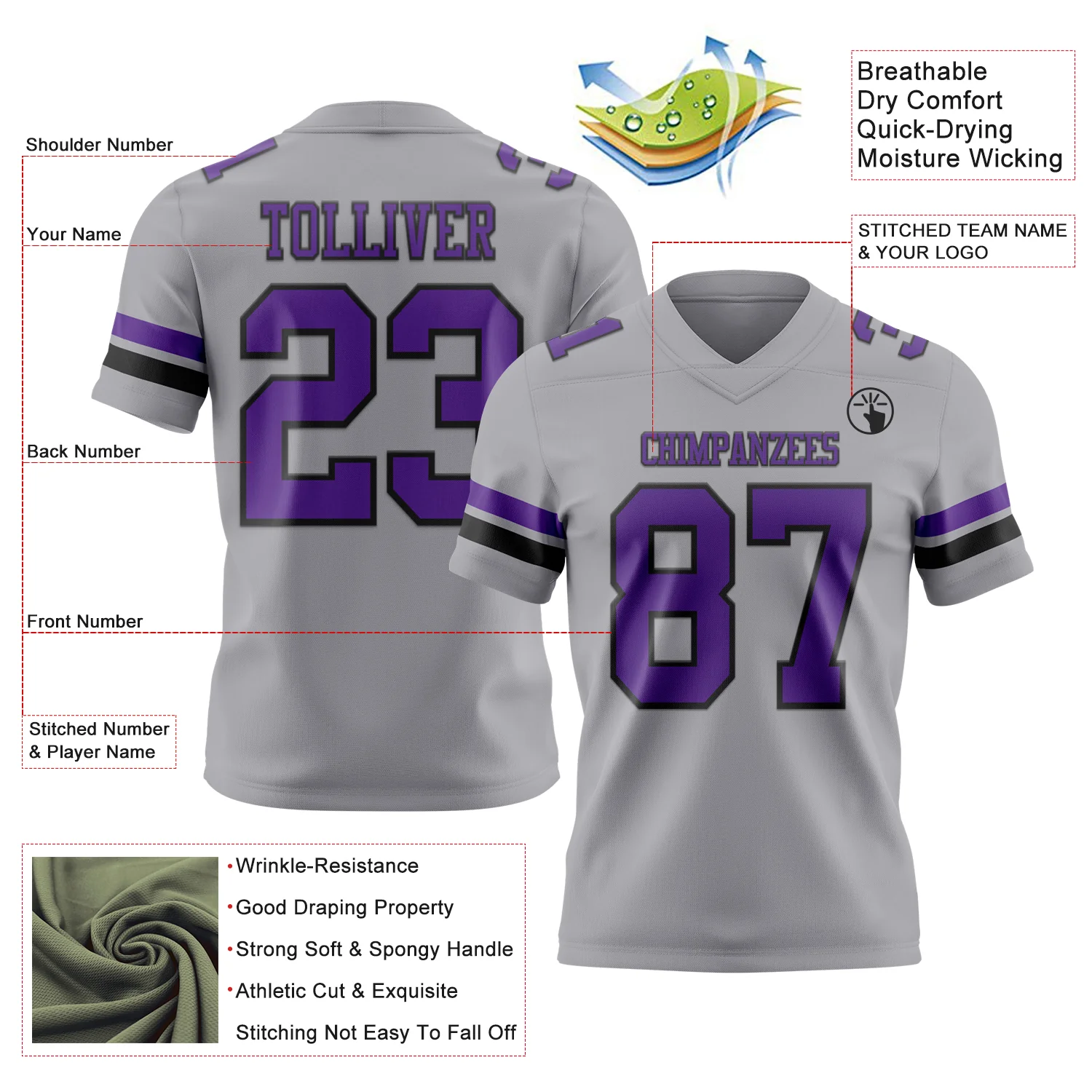 Custom Gray Purple-Black Authentic Football Jersey - Image 3