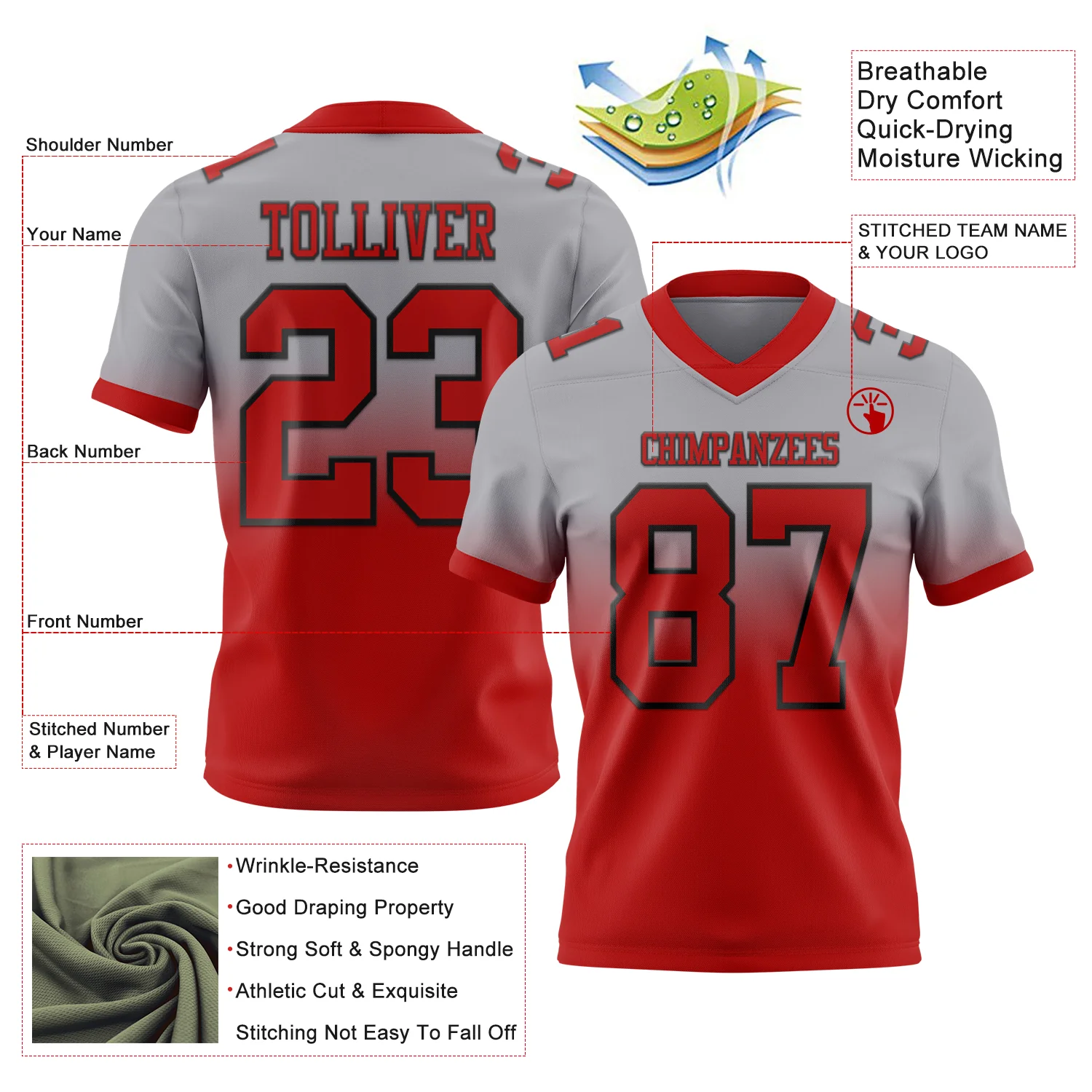 Custom Gray Red-Black Authentic Fade Fashion Football Jersey - Image 2