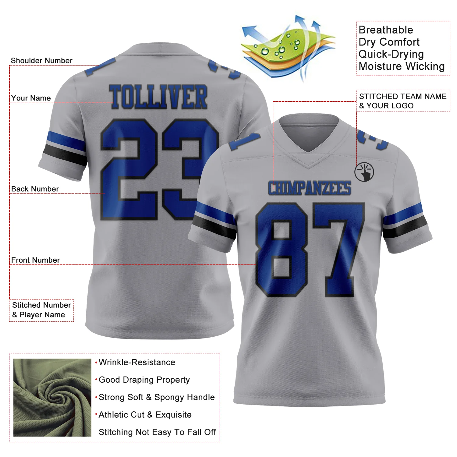 Custom Gray Royal-Black Authentic Football Jersey - Image 3