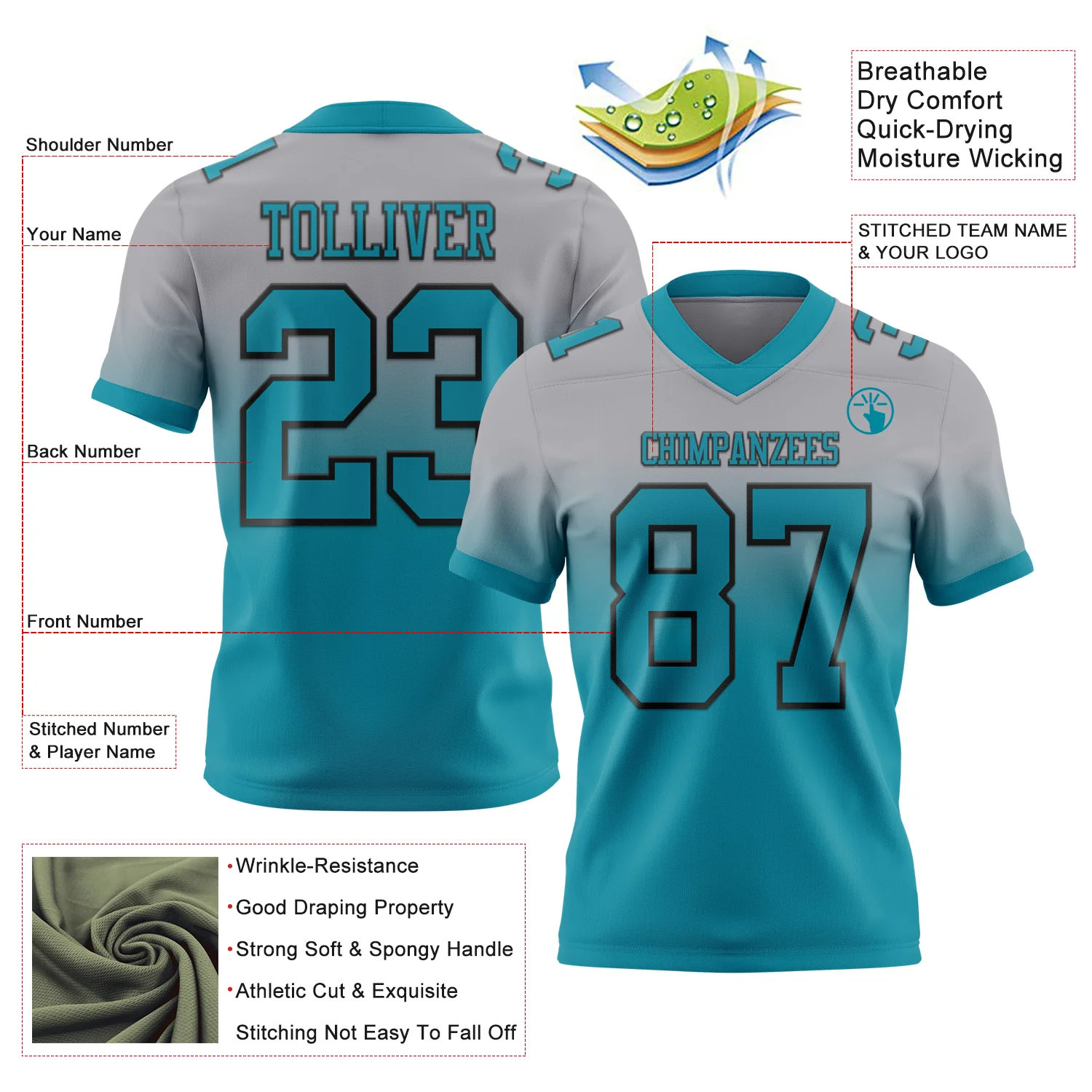 Custom Gray Teal-Black Authentic Fade Fashion Football Jersey - Image 2