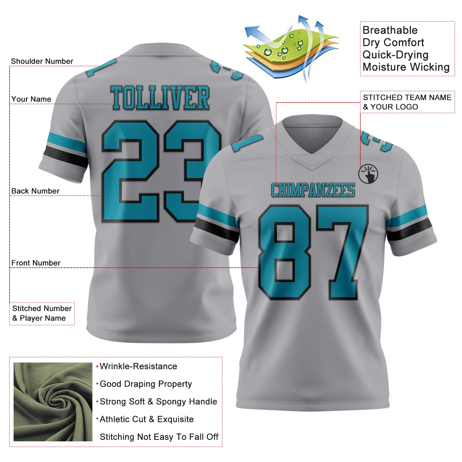 Custom Gray Teal-Black Authentic Football Jersey - Image 3