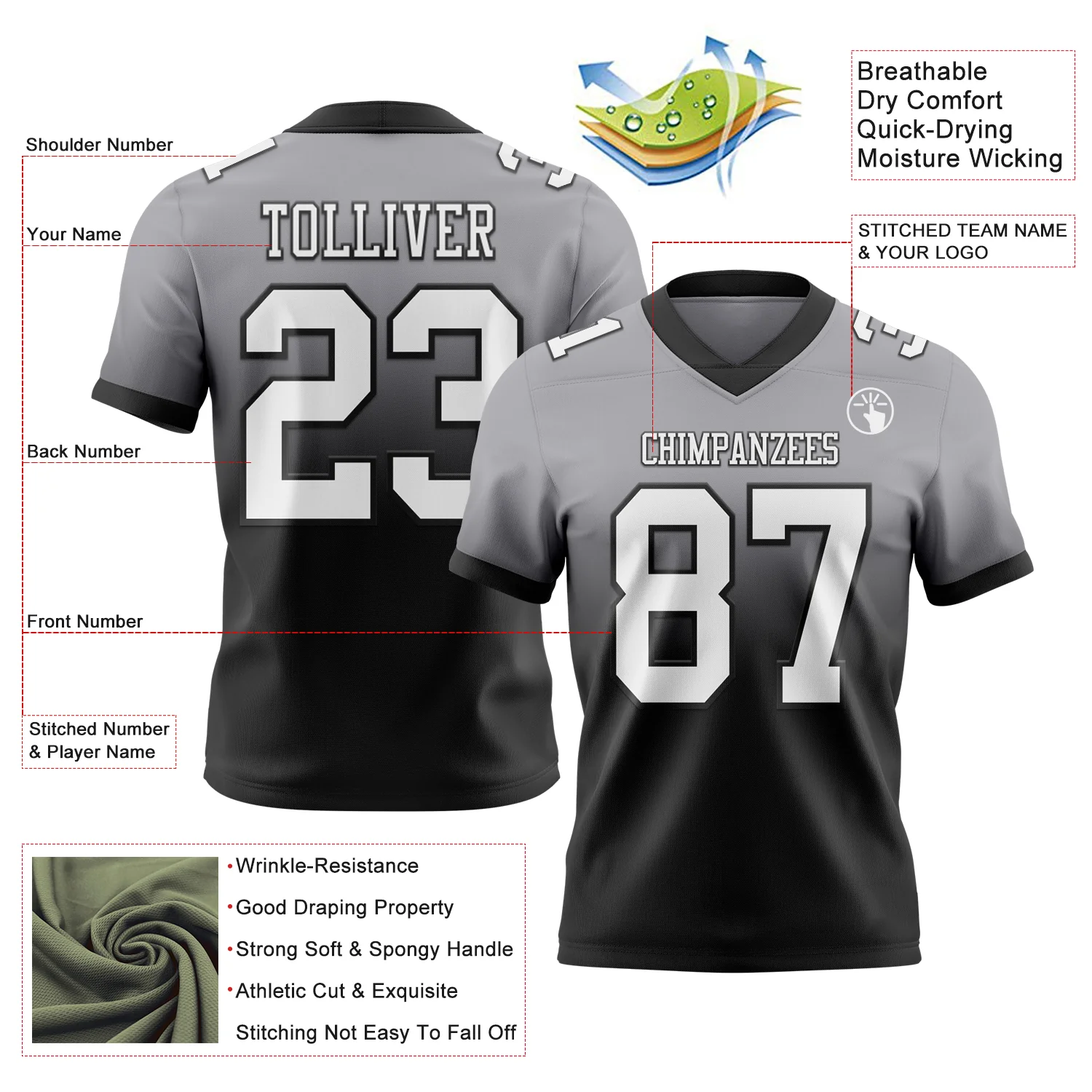 Custom Gray White-Black Authentic Fade Fashion Football Jersey - Image 2