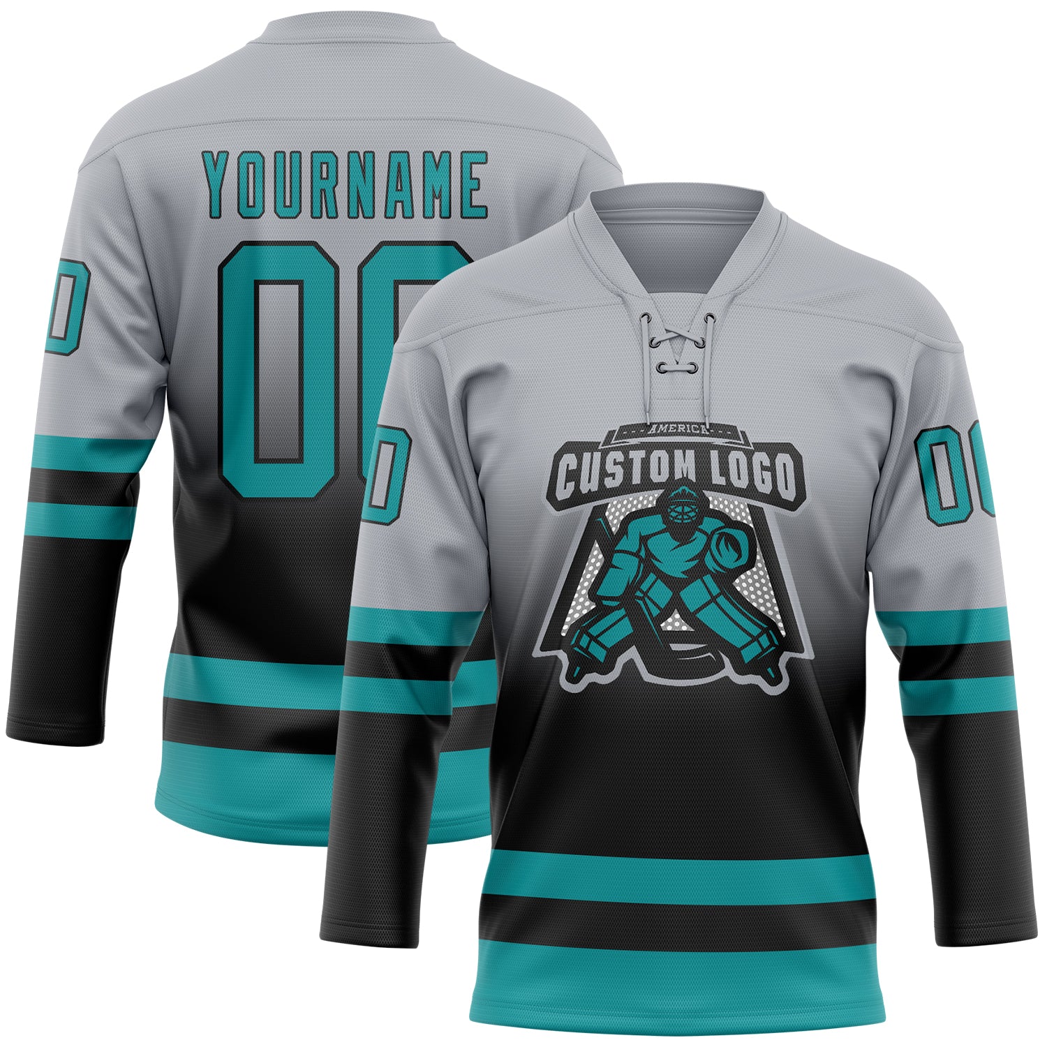 Custom Gray Teal-Black Fade Fashion Hockey Lace Neck Jersey - Image 2
