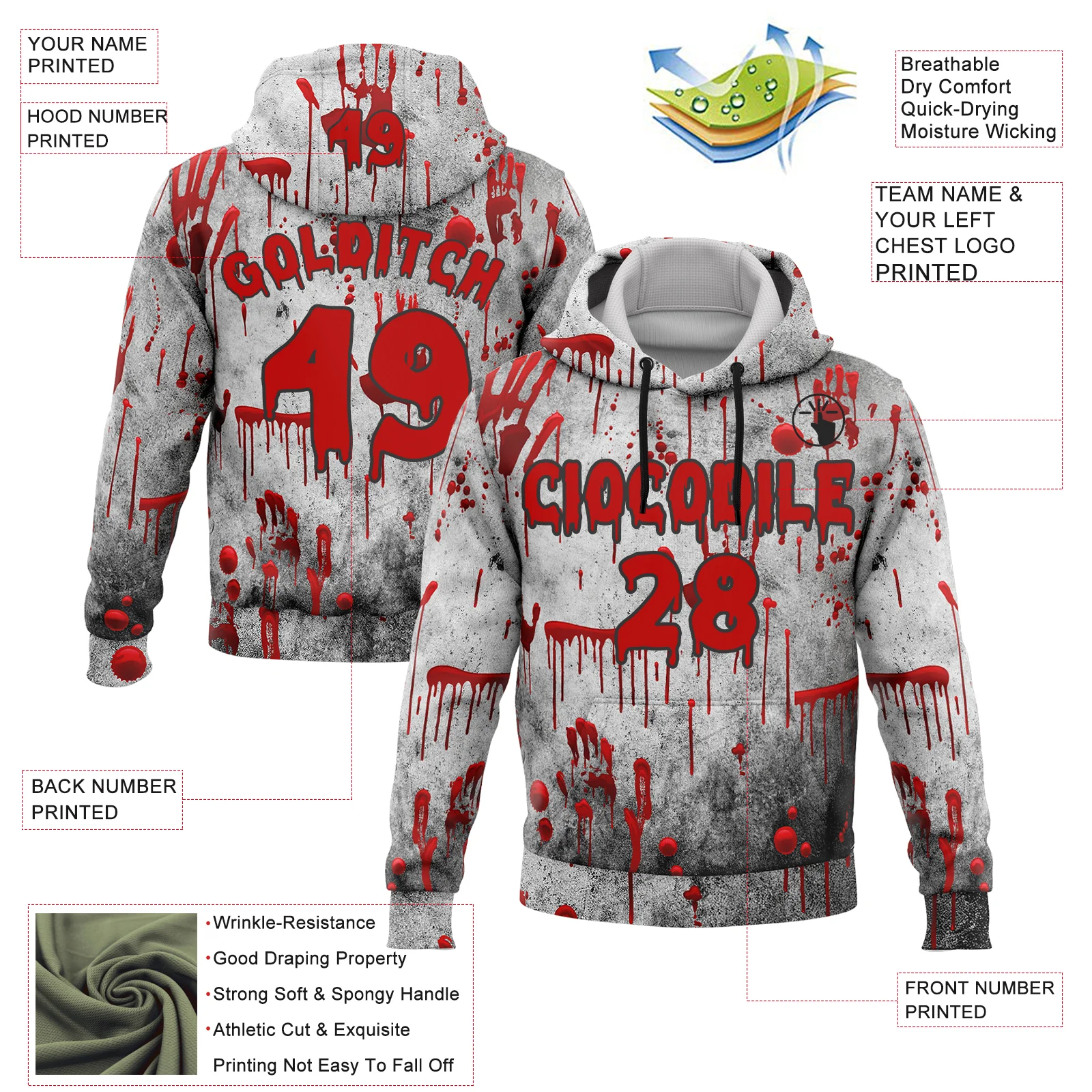 Custom Gray Red-Black 3D Halloween Creepy Blood Horror Sports Pullover Sweatshirt Hoodie - Image 2