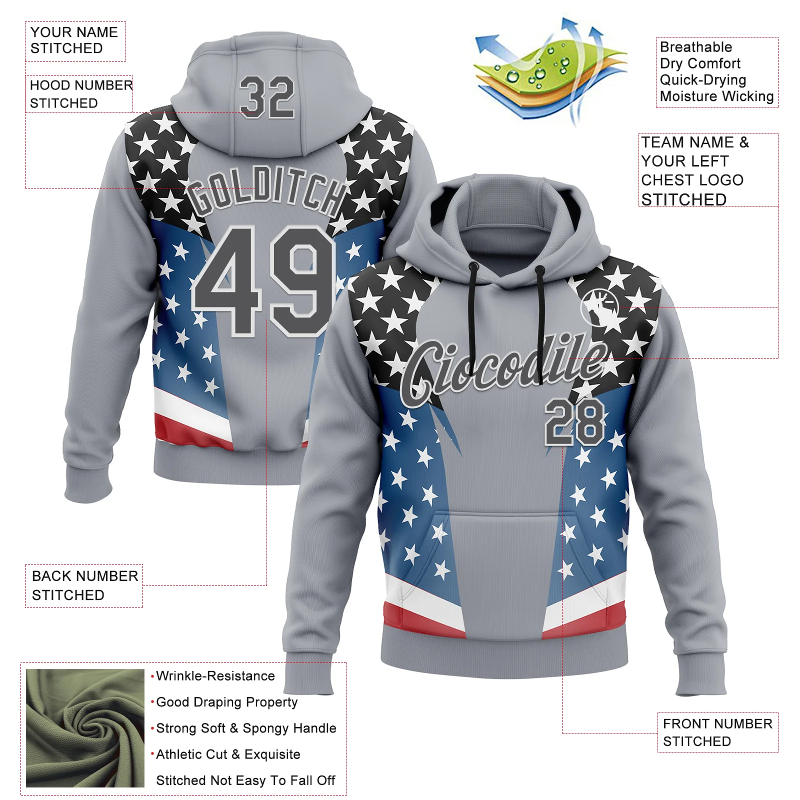 Custom Stitched Gray Steel Gray Black Blue Red-White 3D Pattern Design American Flag Inspire Patriotic Sportswear Pullover Sweatshirt Hoodie - Image 2