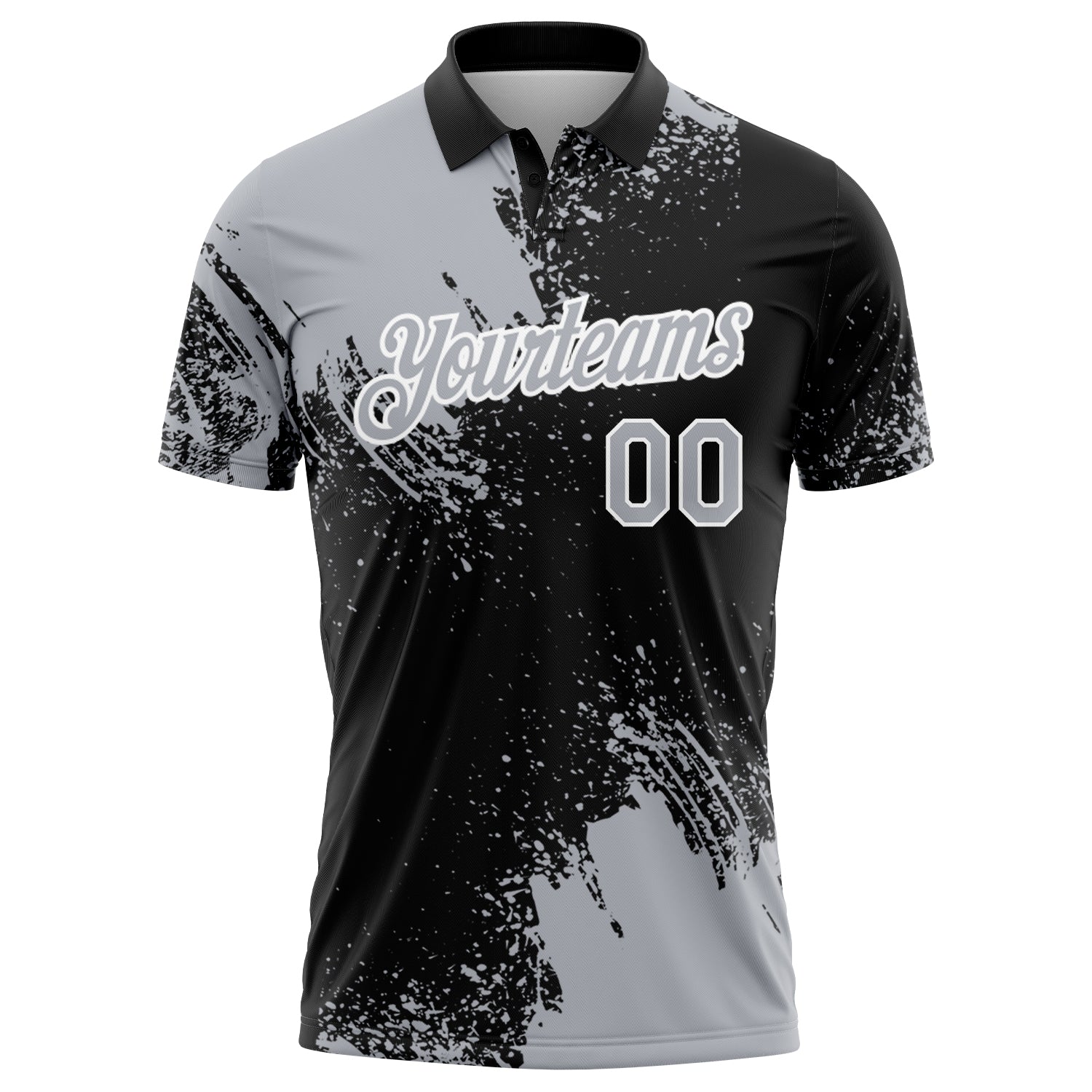 Custom Gray Black-White 3D Pattern Design Abstract Brush Stroke Performance Polo Shirt - Image 2