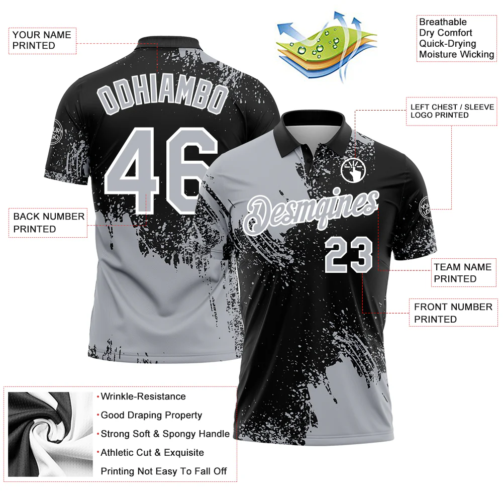 Custom Gray Black-White 3D Pattern Design Abstract Brush Stroke Performance Polo Shirt - Image 3