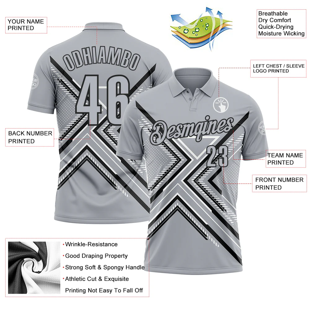 Custom Gray Black-White 3D Pattern Design Geometric Shapes Performance Polo Shirt - Image 3
