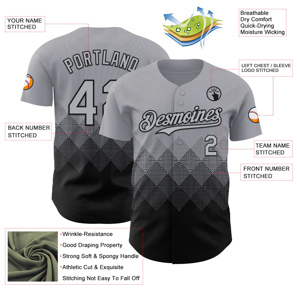 Custom Gray Black 3D Gradient Square Shape Authentic Baseball Jersey - Image 3