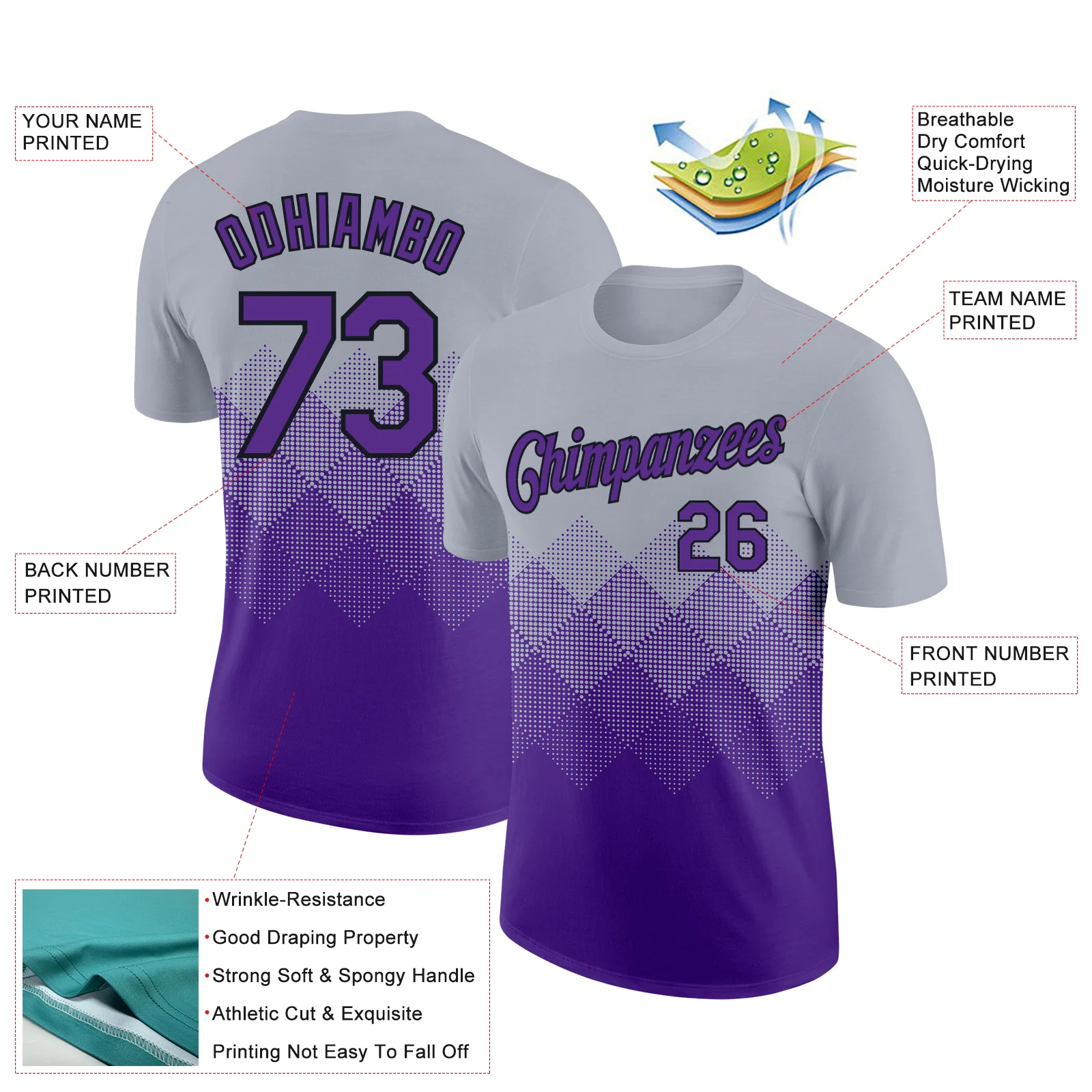 Custom Gray Purple-Black 3D Pattern Design Gradient Square Shapes Performance T-Shirt - Image 2