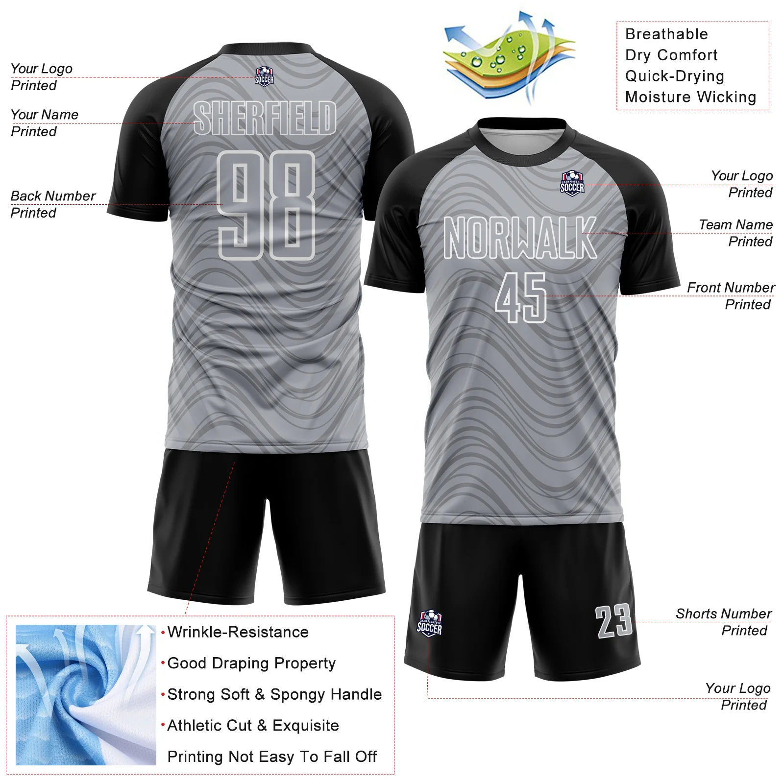 Custom Gray Black-White Wavy Lines Sports Sublimation Soccer Uniform Jersey - Image 4