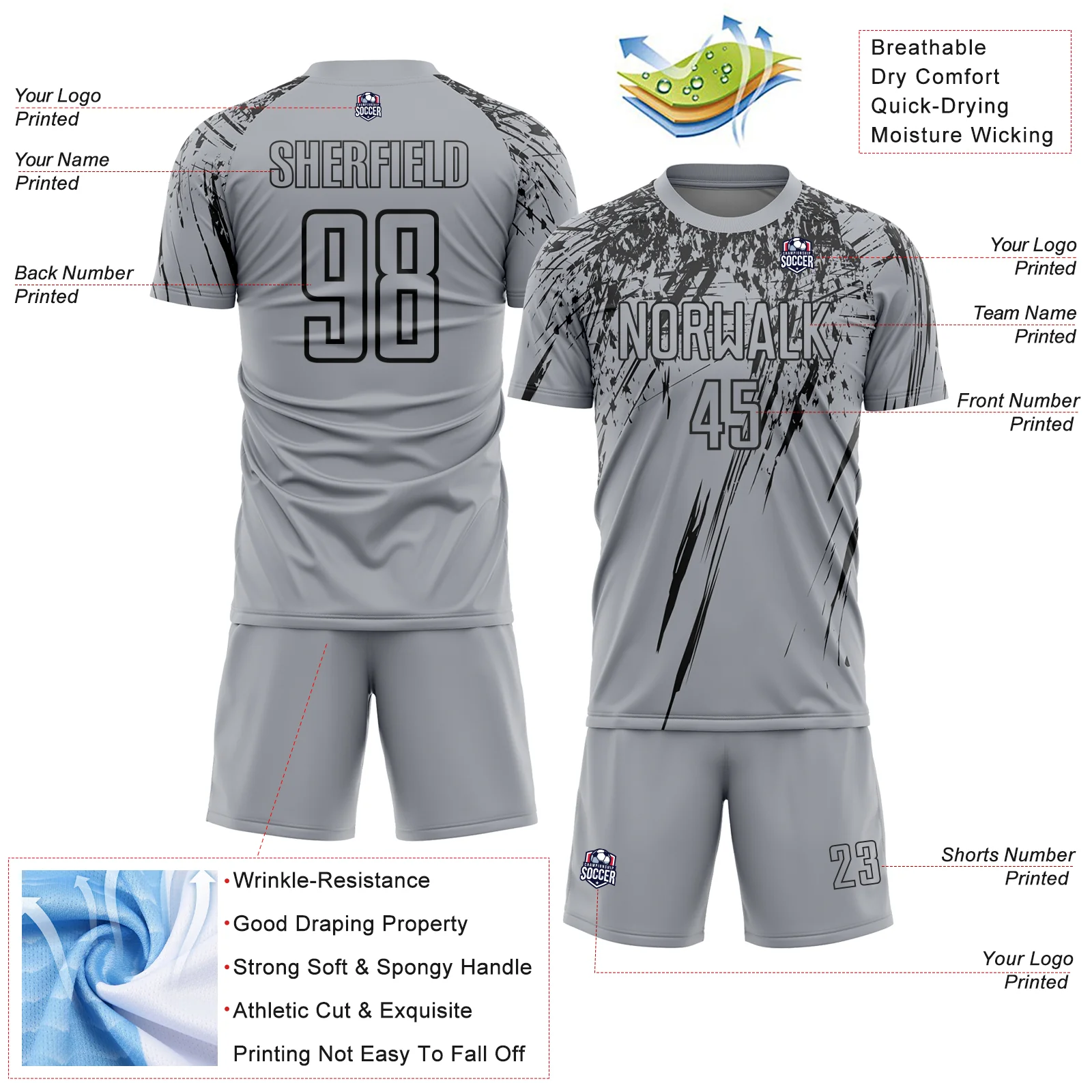 Custom Gray Black Splash Sports Sublimation Soccer Uniform Jersey - Image 4
