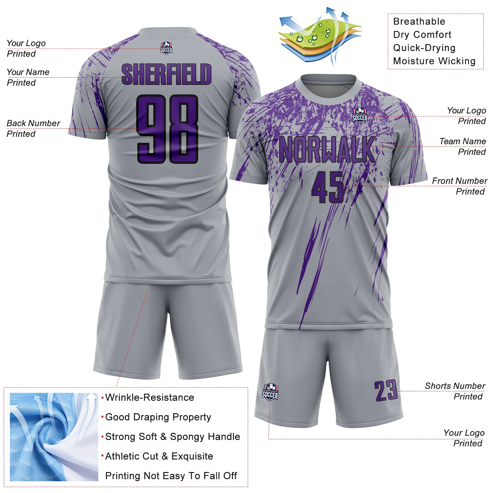 Custom Gray Purple-Black Splash Sports Sublimation Soccer Uniform Jersey - Image 4