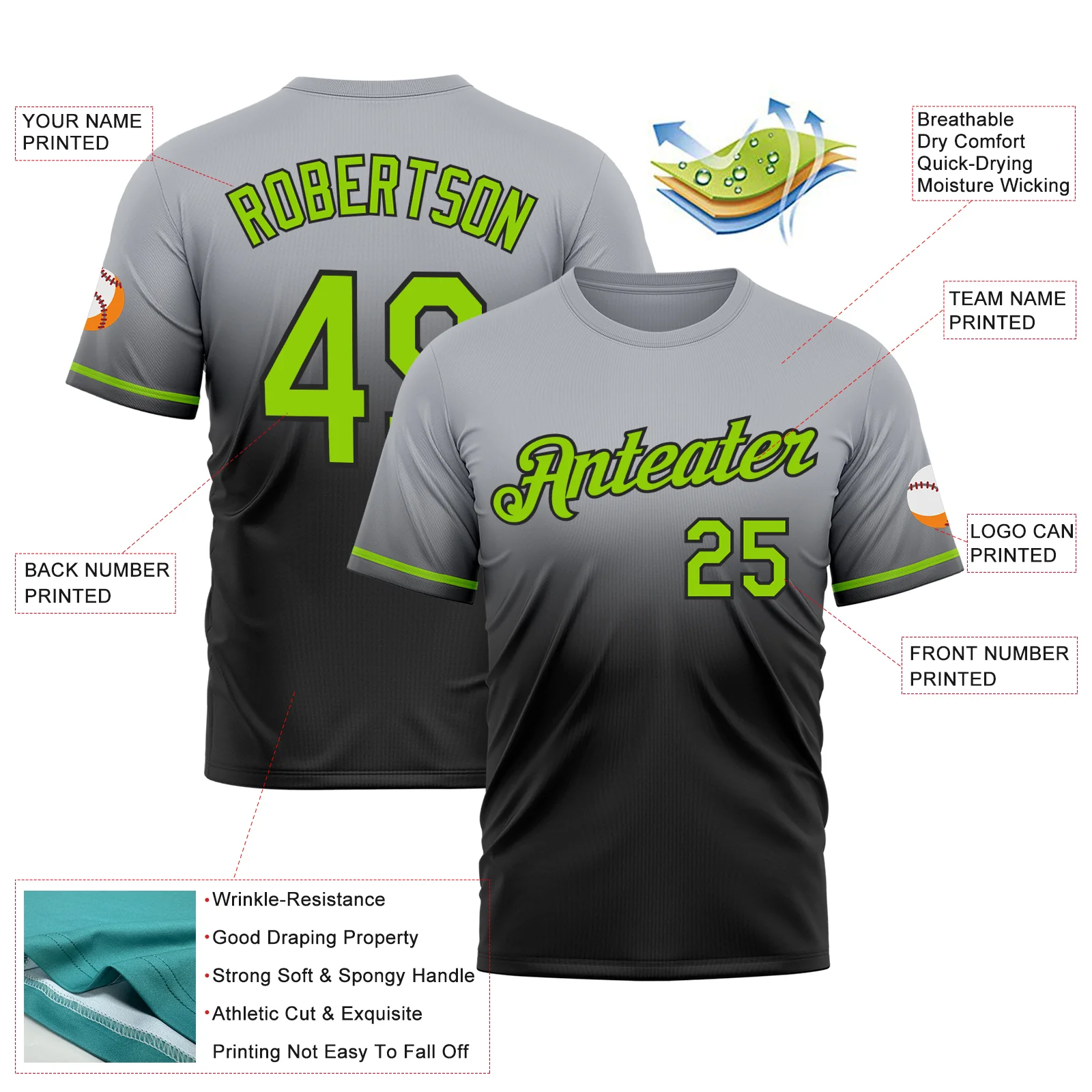 Custom Gray Neon Green-Black Fade Fashion Performance T-Shirt - Image 3