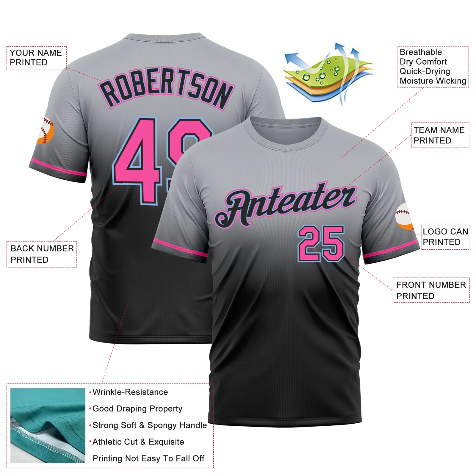Custom Gray Pink Black-Light Blue Fade Fashion Performance T-Shirt - Image 3