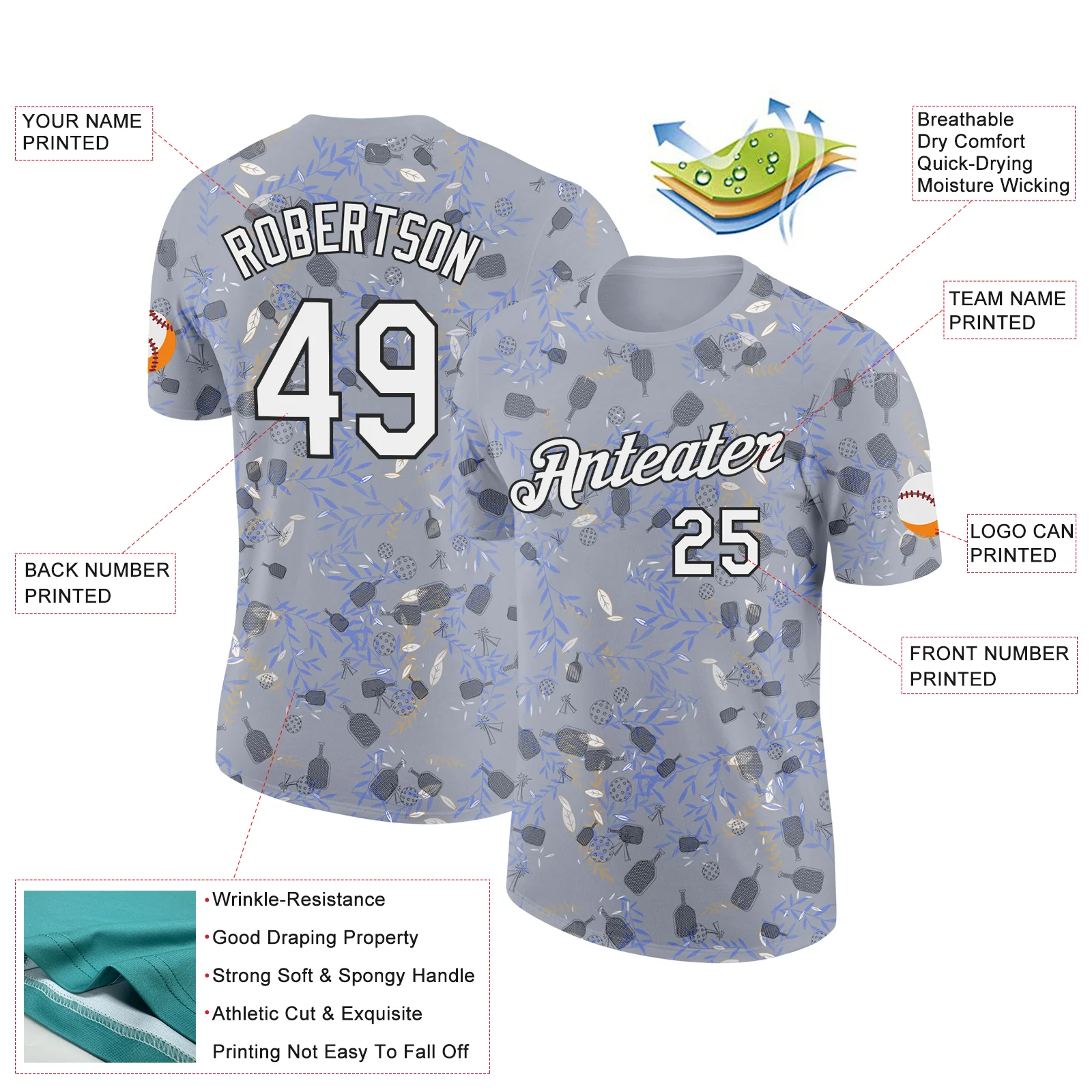 Custom Gray White-Black 3D Pickleball Paddles Balls Floral Performance T-Shirt - Image 2