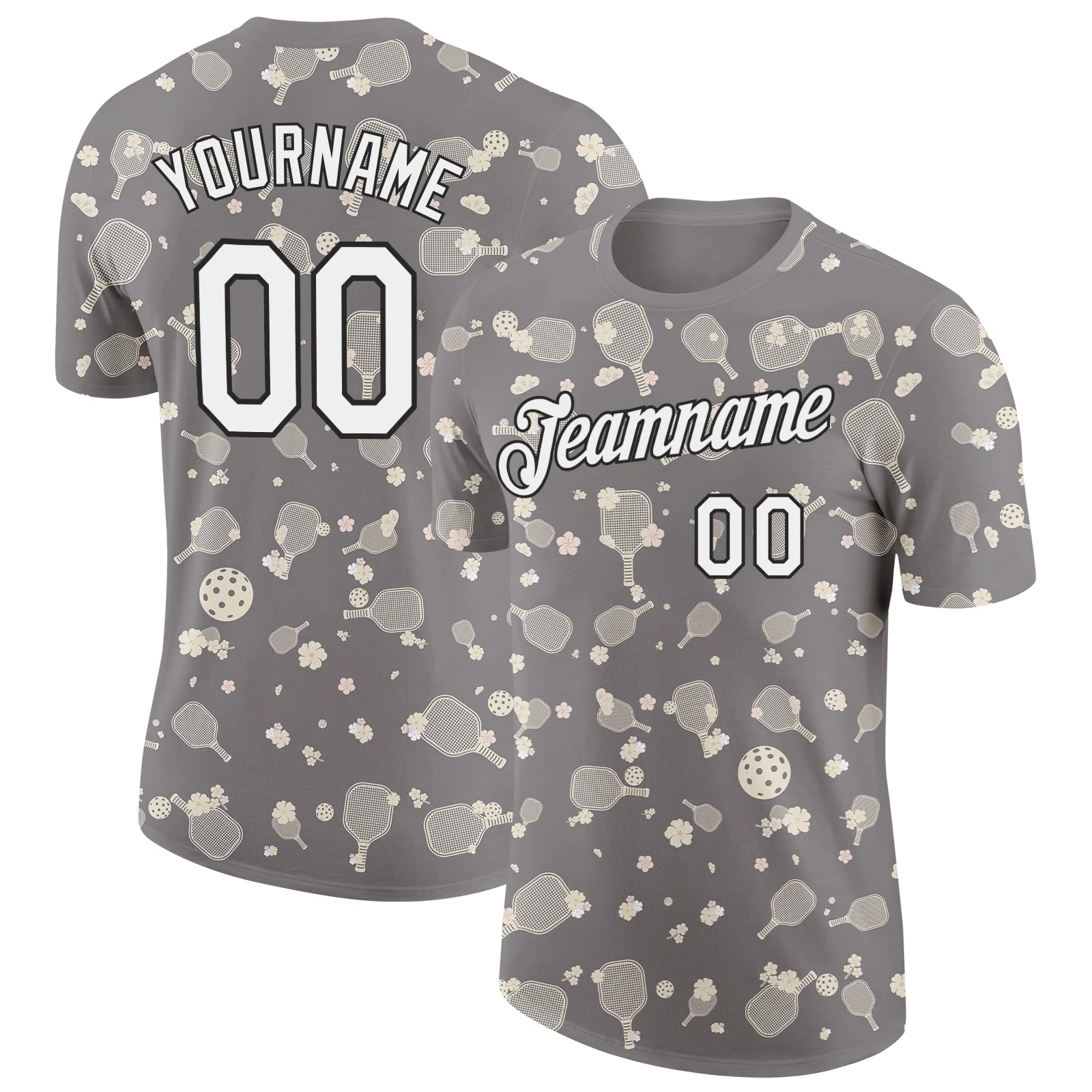 Custom Gray White-Black 3D Pickleball Paddles Balls Floral Performance T-Shirt