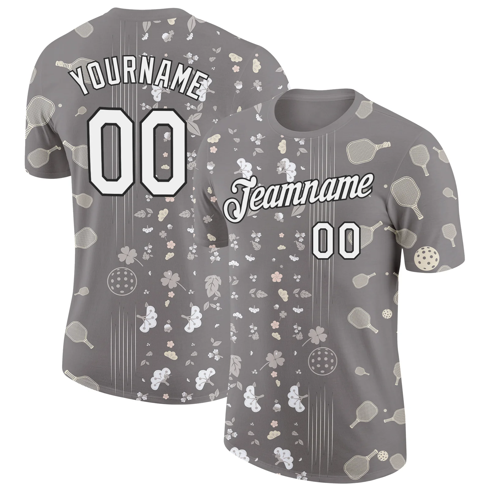 Custom Gray White-Black 3D Pickleball Paddles Balls Floral Performance T-Shirt