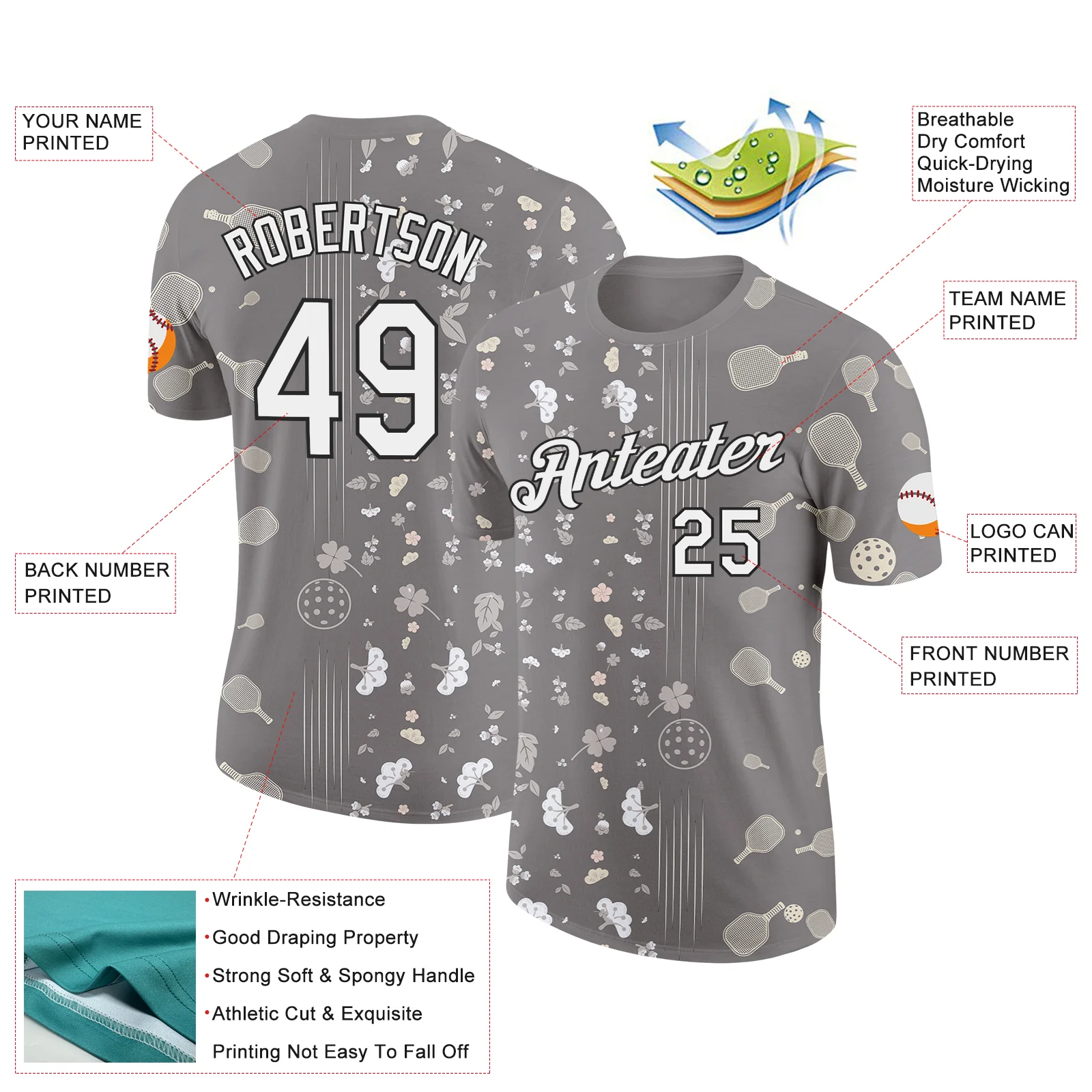 Custom Gray White-Black 3D Pickleball Paddles Balls Floral Performance T-Shirt - Image 2
