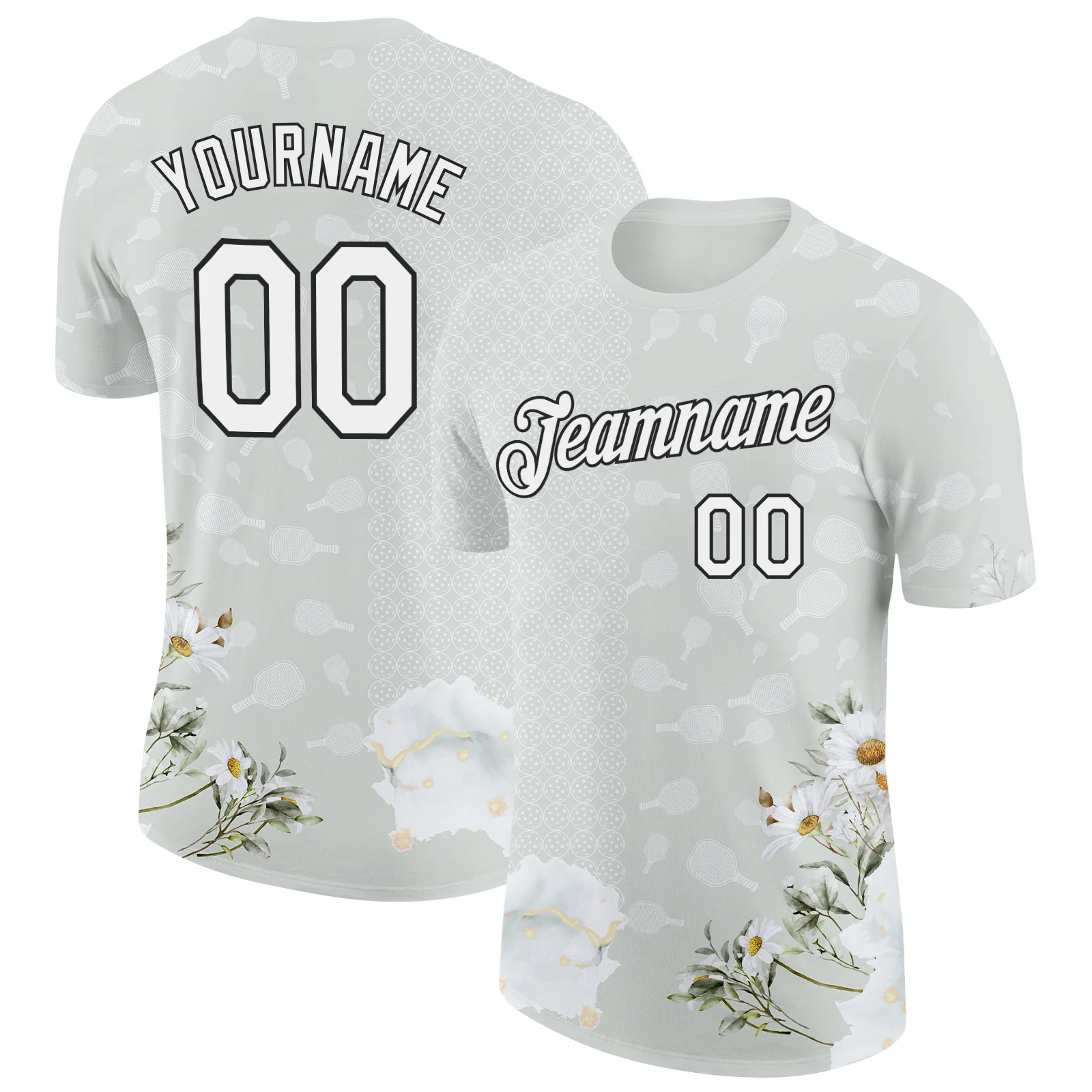 Custom Gray White-Black 3D Pickleball Paddles Balls Floral Performance T-Shirt