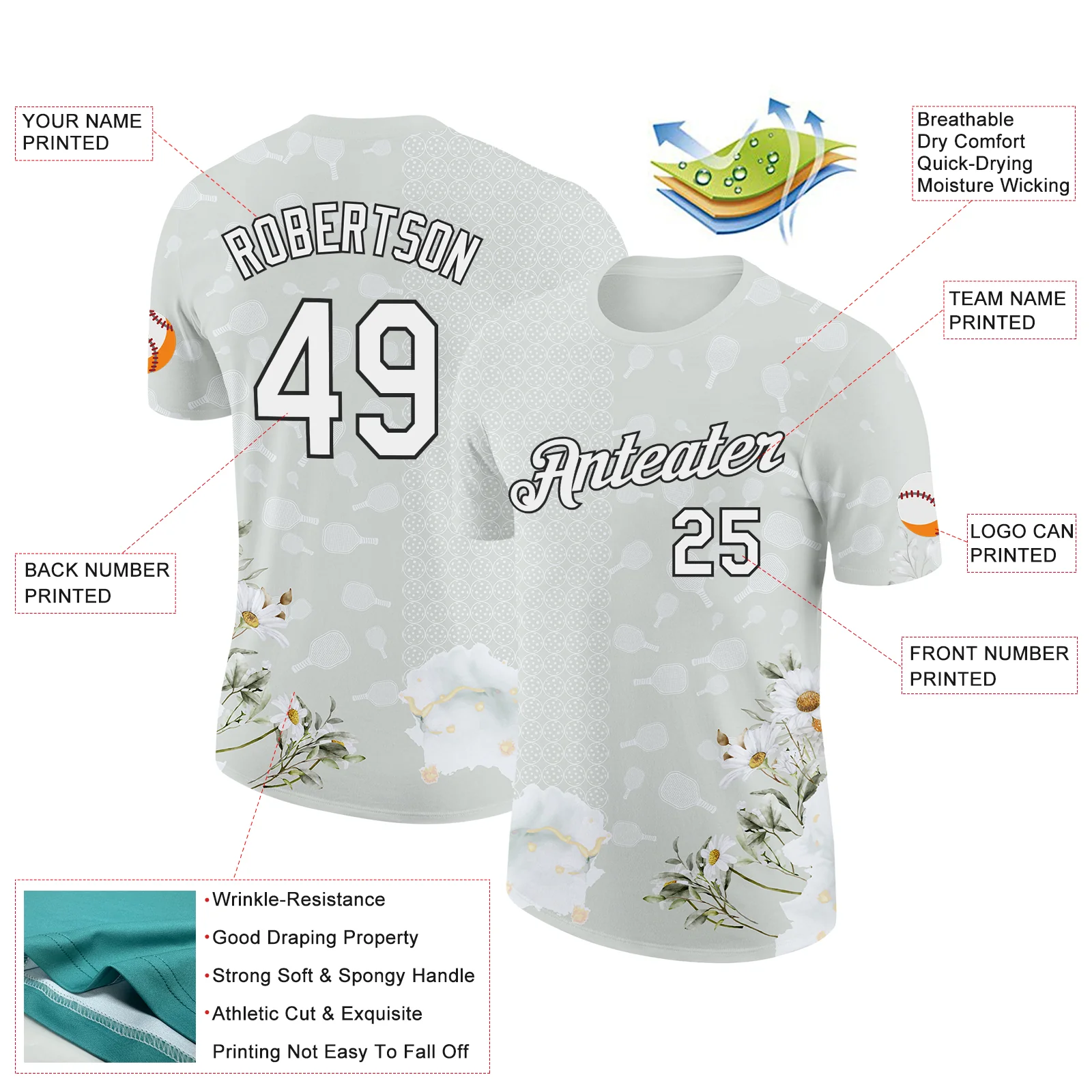 Custom Gray White-Black 3D Pickleball Paddles Balls Floral Performance T-Shirt - Image 2