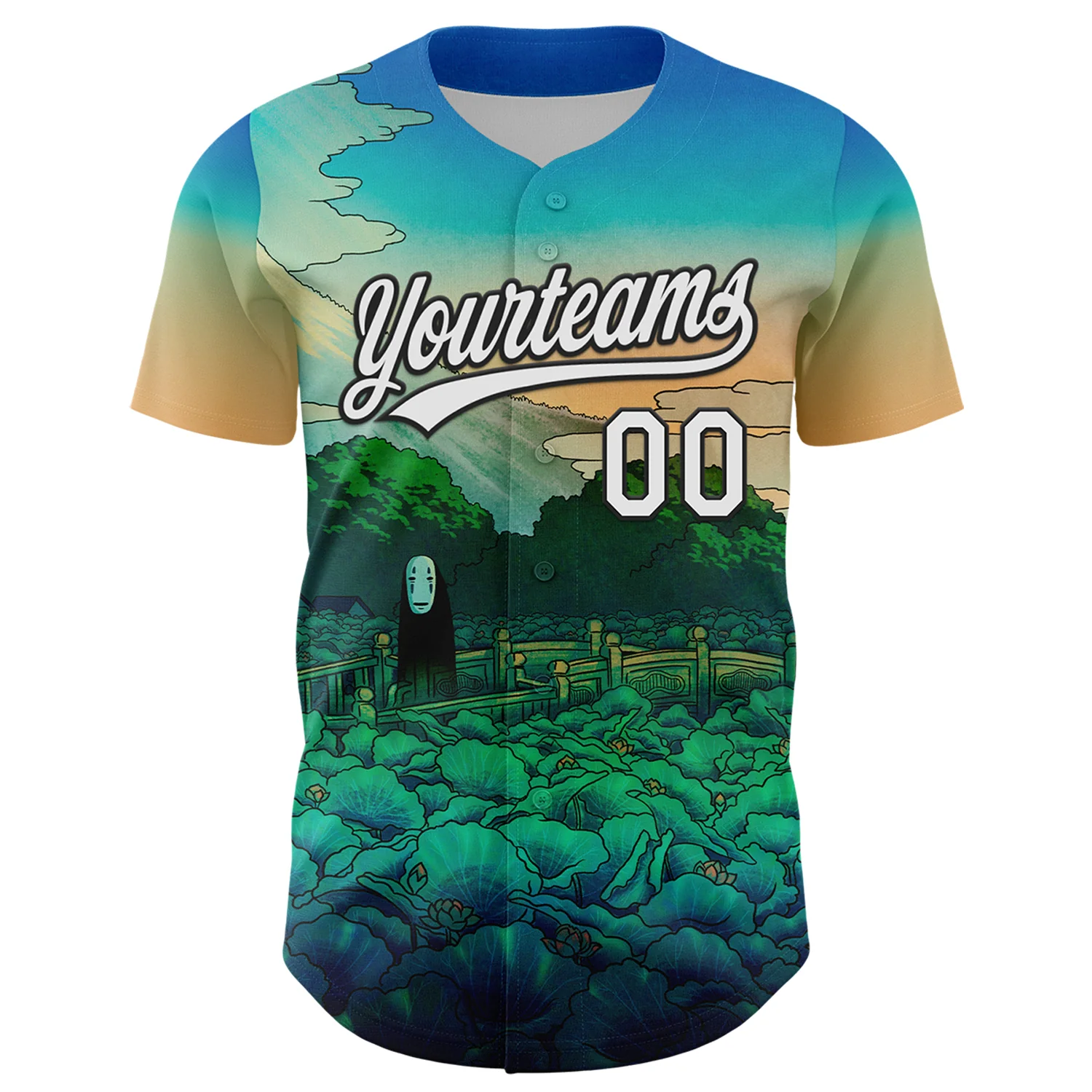 Custom Green White-Black 3D Syntetyc Lotus Pond Spirit Authentic Baseball Jersey - Image 2