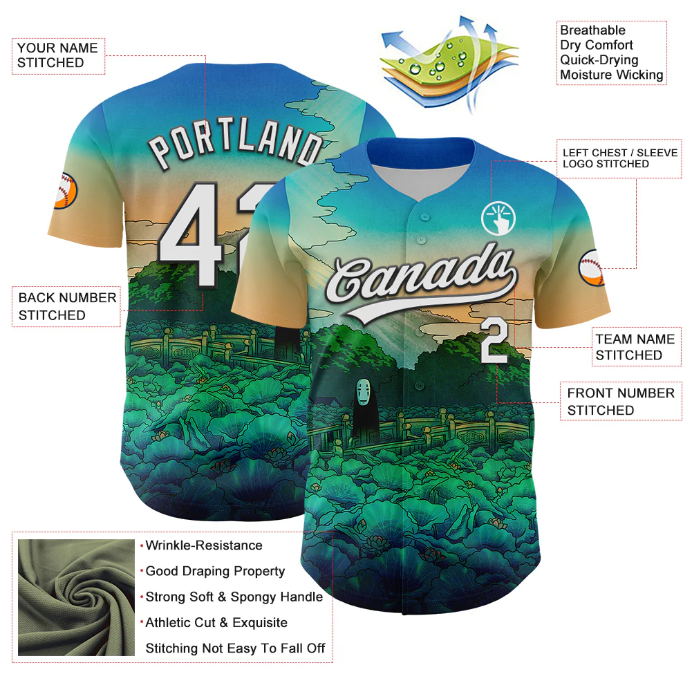 Custom Green White-Black 3D Syntetyc Lotus Pond Spirit Authentic Baseball Jersey - Image 3