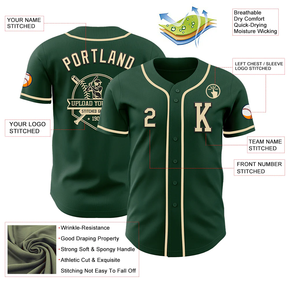 Custom Green Cream-Black Authentic Baseball Jersey - Image 6
