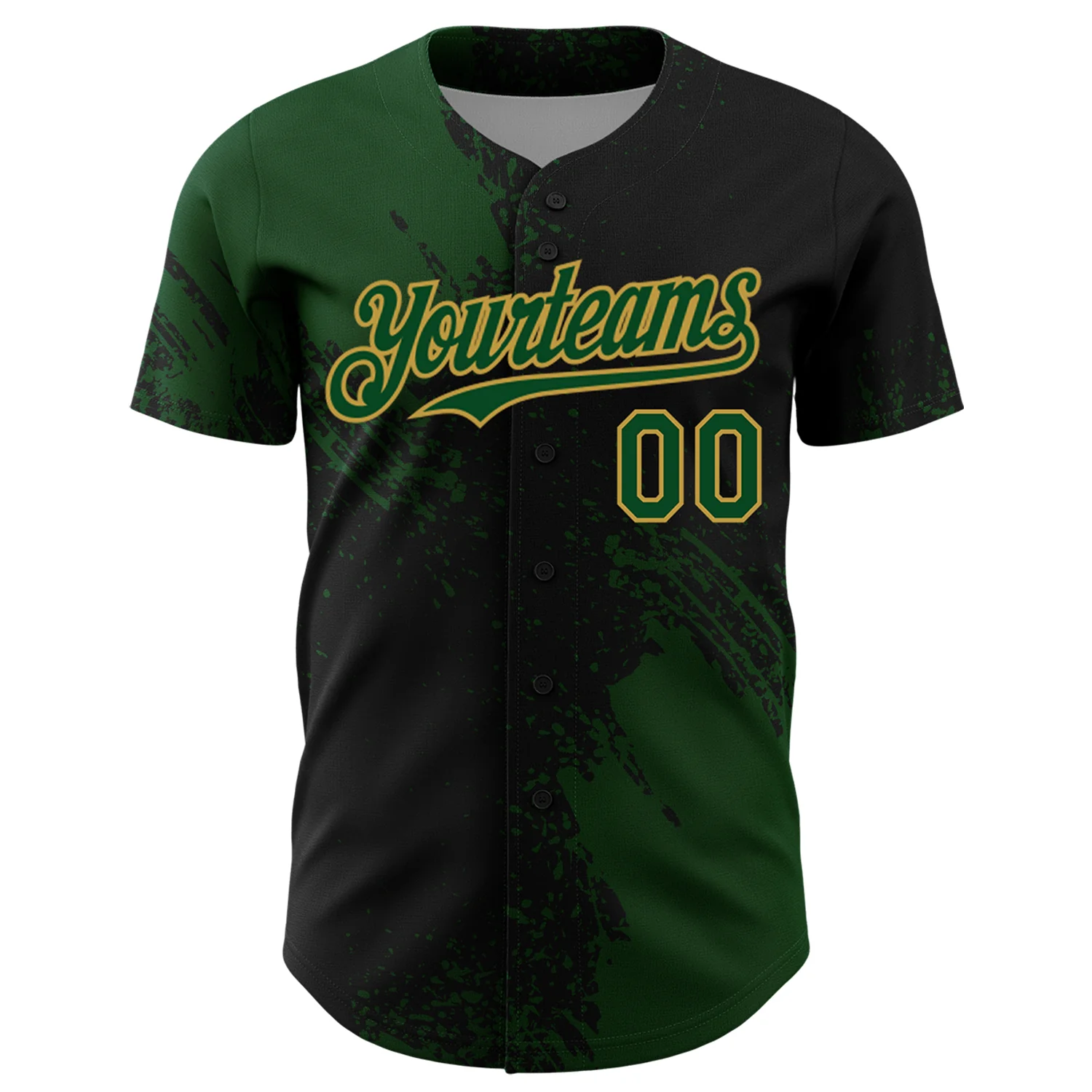 Custom Green Black-Old Gold 3D Pattern Design Abstract Brush Stroke Authentic Baseball Jersey - Image 2