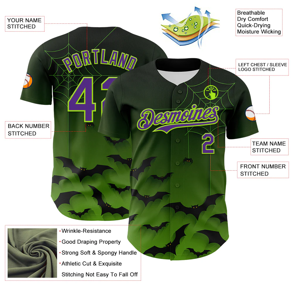 Custom Green Purple Black-Neon Green 3D Halloween Spider Net Bats Party Costume Ideas Authentic Baseball Jersey - Image 3