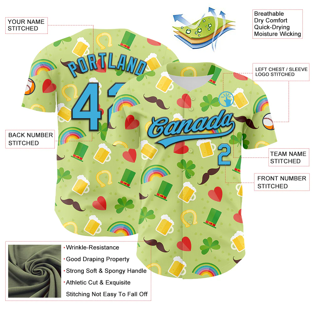 Custom Green Sky Blue-Black 3D St. Patrick's Day Shamrock Beer Authentic Baseball Jersey - Image 3