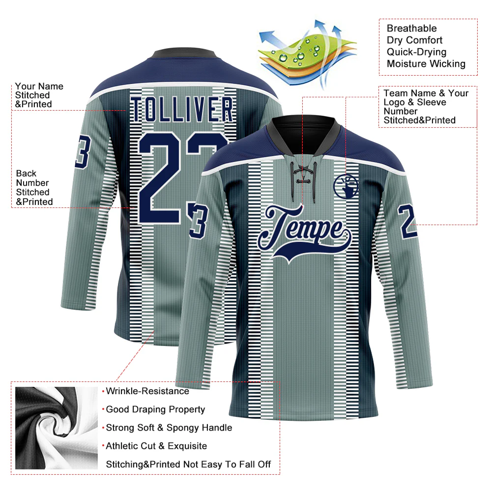 Custom Green Navy Black-White Stripe Hockey Lace Neck Jersey - Image 5