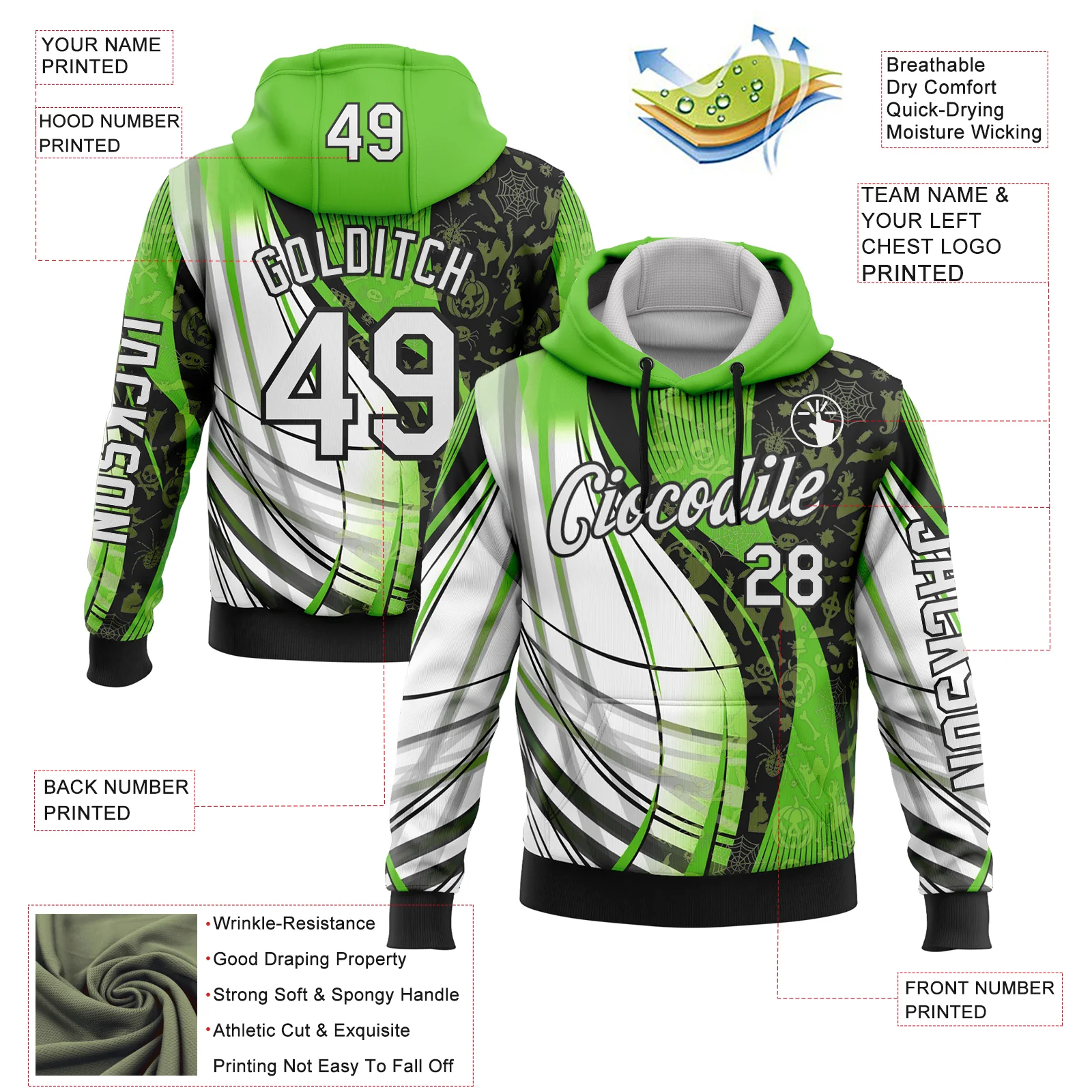 Custom Green White-Black 3D Halloween Spooky Sportswear Pullover Sweatshirt Hoodie - Image 2