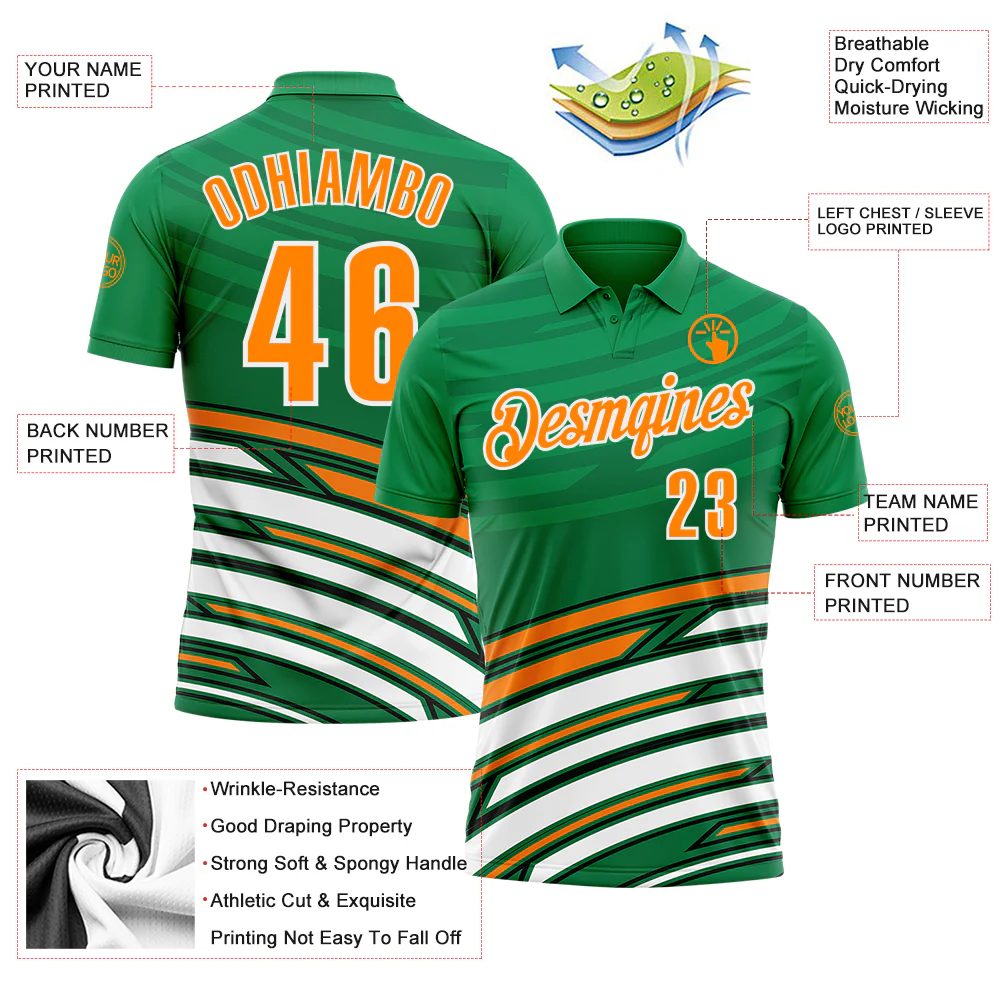 Custom Green Bay Orange-Black 3D St. Patrick's Day Shamrock Performance Polo Shirt - Image 3