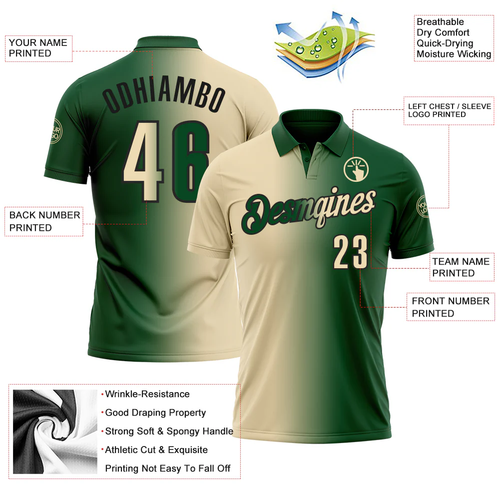 Custom Green Cream-Black 3D Gradient Fashion Performance Polo Shirt - Image 3