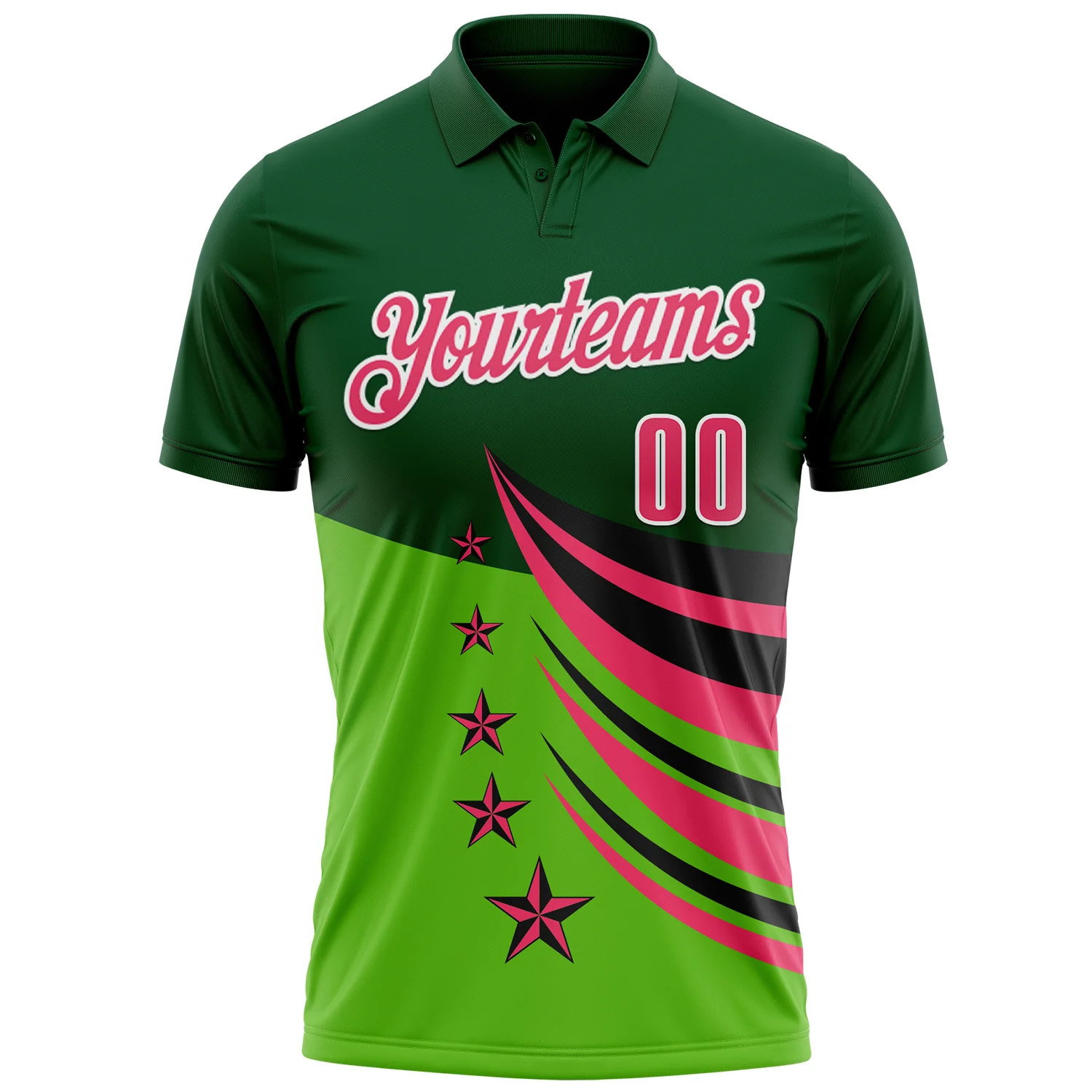 Custom Green Neon Pink Black-White 3D Pattern Design Star Performance Polo Shirt - Image 2